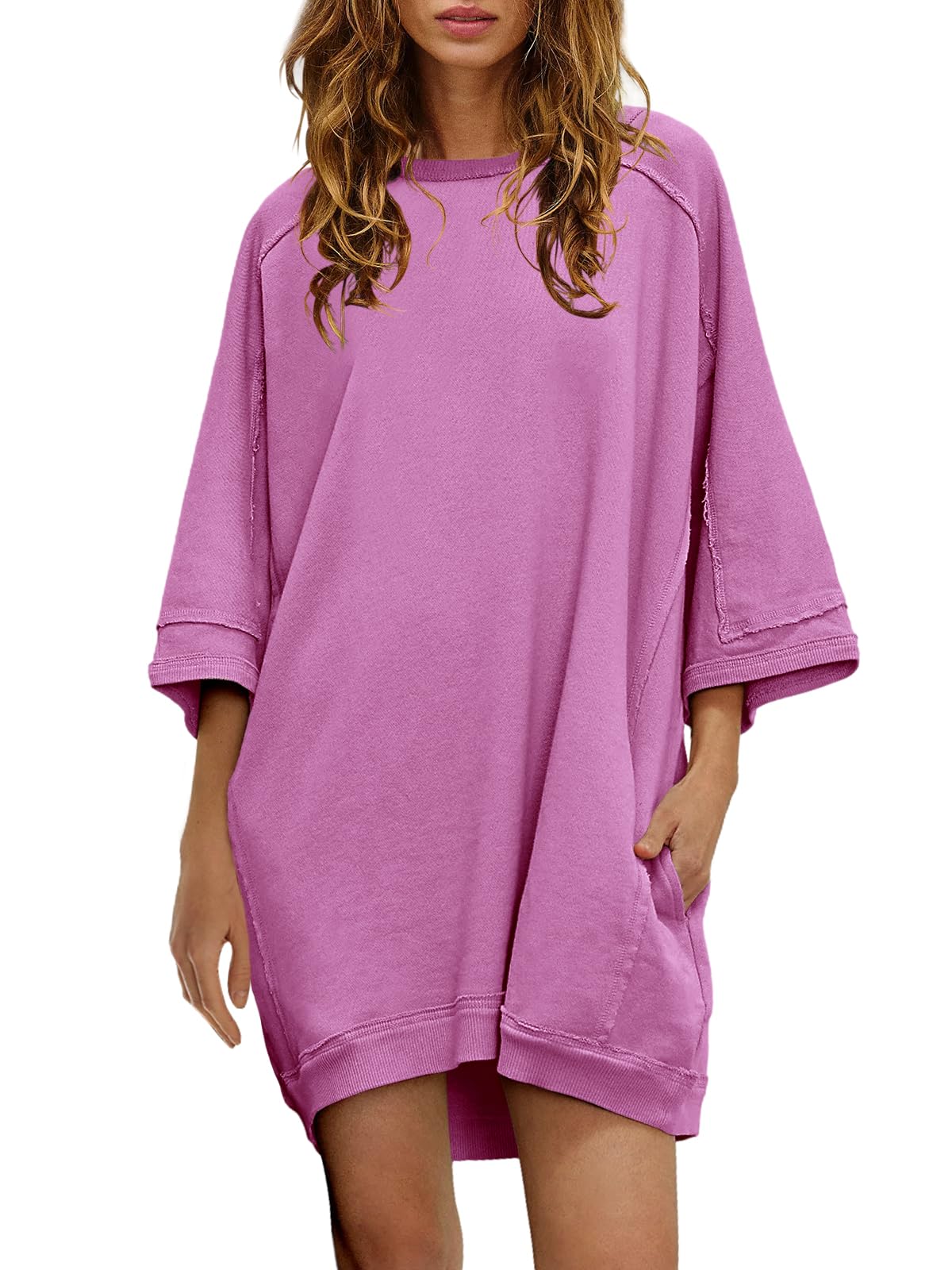 Nirovien Women's Oversized Sweatshirt Dress 3/4 Sleeve Crewneck Tunic Sweatshirts Casual Long Pullover with Pockets