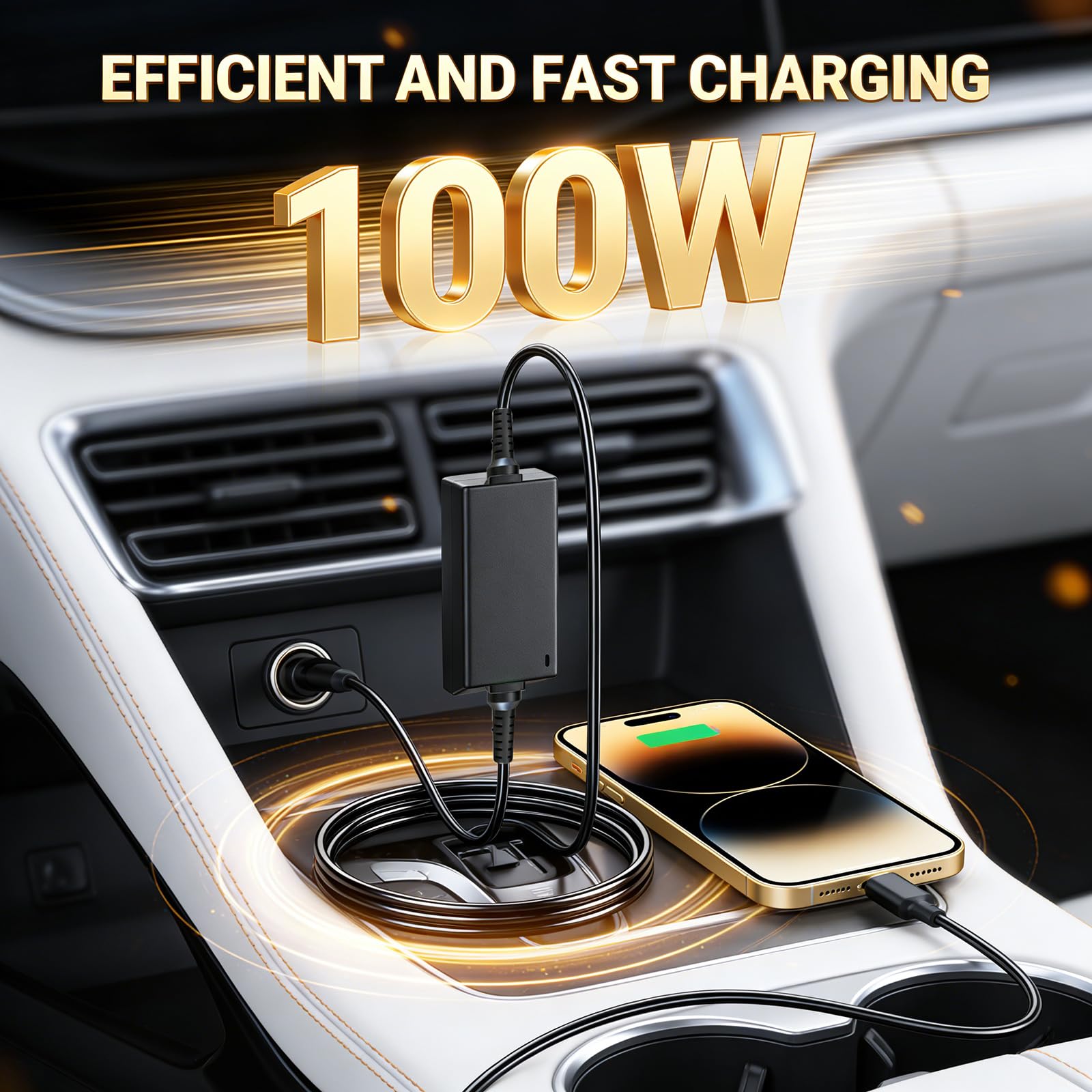 Carga de coche USB C de velocidad rápida de 100 W, compatible con la mayoría de portátiles, durabilidad, construcción de metal ABS, cable de carga rápida USB C