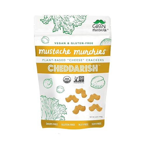 Mustache Munchies Galletas orgánicas horneadas  Veganas, sin gluten, aperitivo de queso a base de plantas  4 onzas, 3 unidades