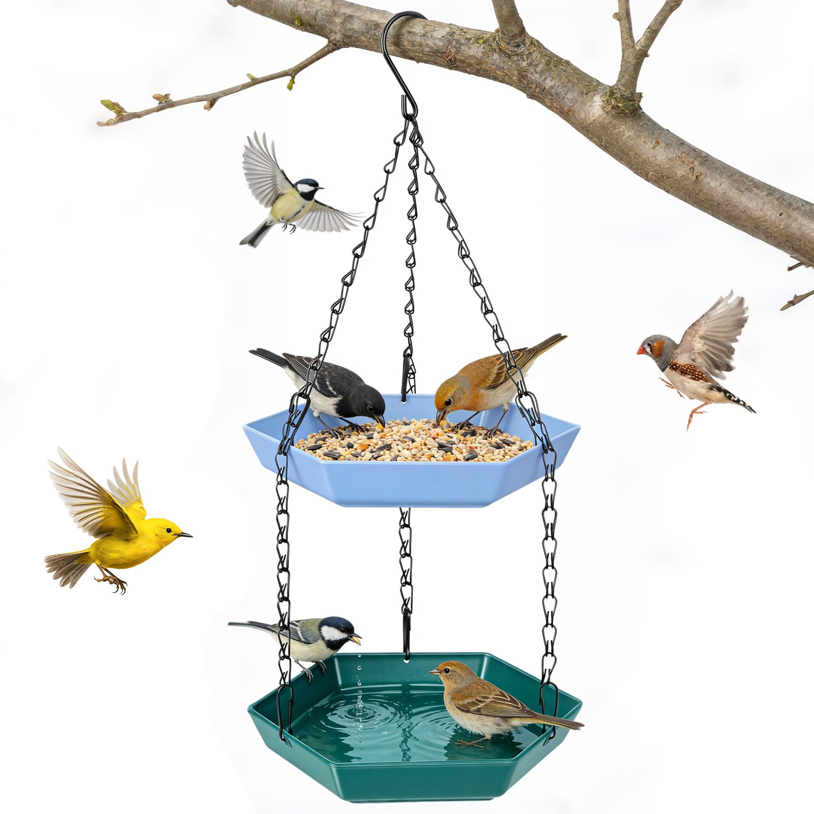 Hysagtek 2-in-1 Hanging Bird Feeder & Bird Bath, 2-Tier Durable Platform Feeder with Stable Chain, Weather Resistant Outdoor for Garden Patio Backyard, Attracts Robins, Finches & Sparrows