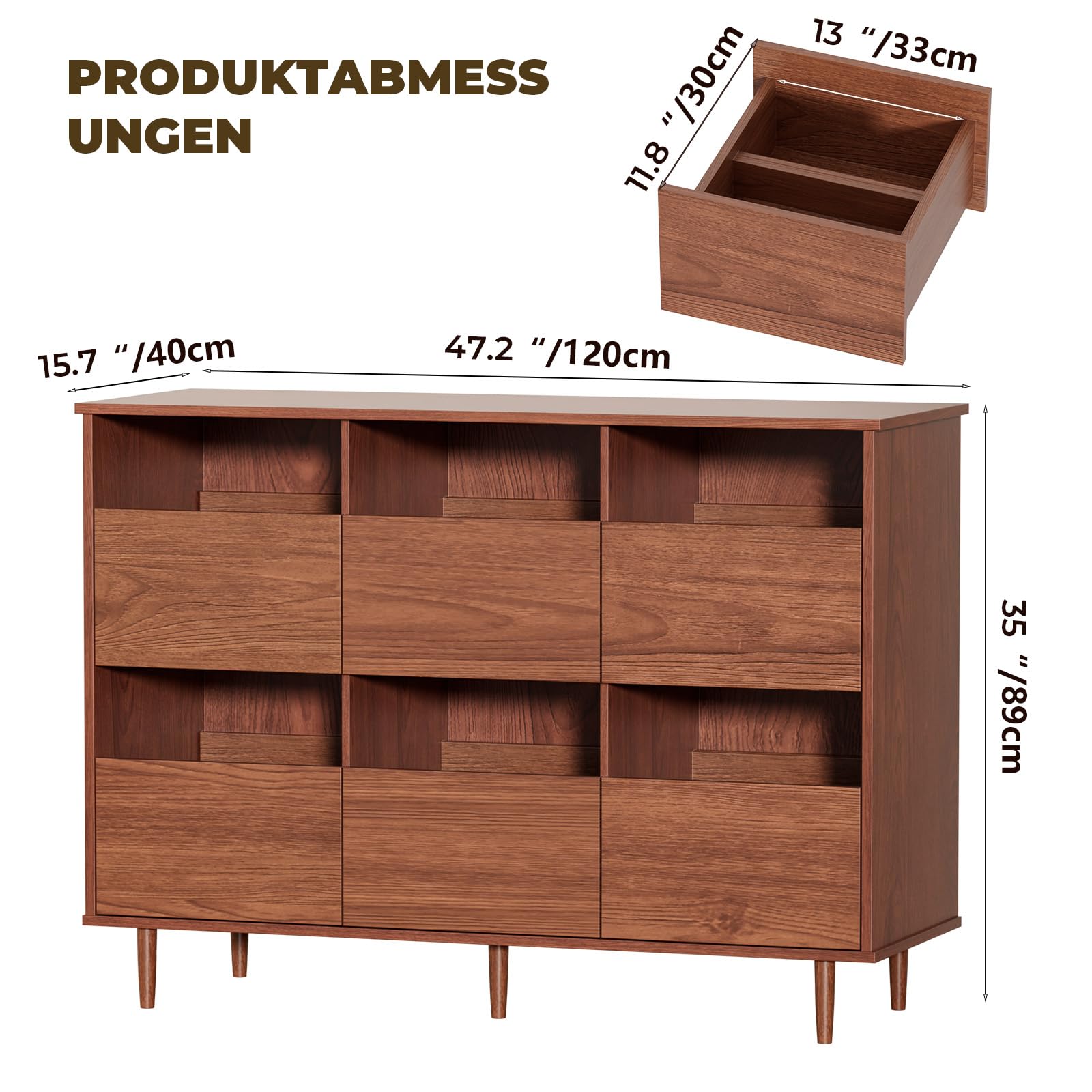 BROTTAR Großer Plattenspieler-Ständer 120 cm, Schallplattenaufbewahrung für 17/25/30 cm Platten, Mid-Century Medienschrank mit Schubladen, Schallplattenhalter für Wohnzimmer & Musikecke, Braun