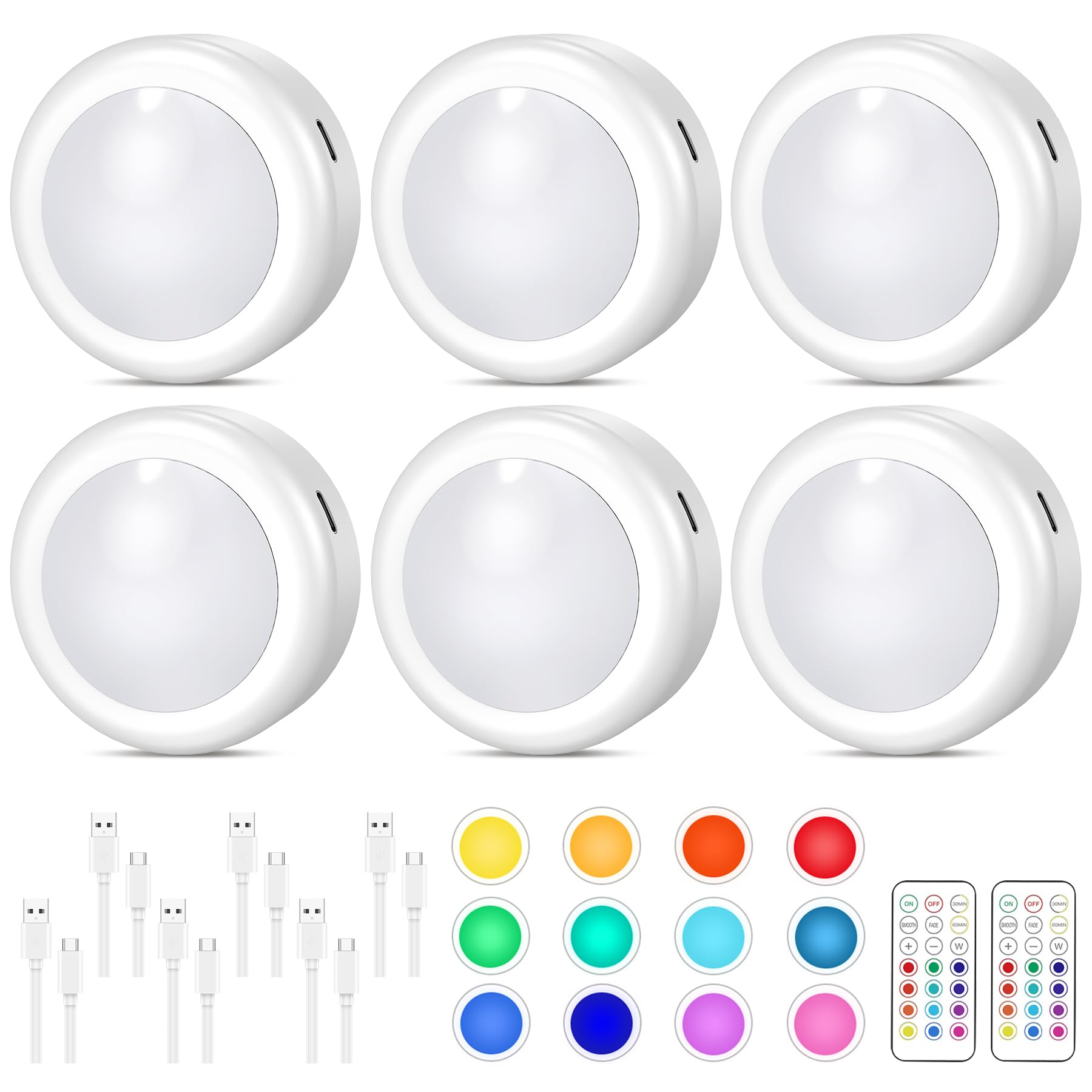 Cadrim 13 Farben RGB Schrankleuchten，6pcs LED RGB Spots Batteriebetrieben mit Fernbedienung, Kabellos Schrankleuchten mit Akku, vitrinenbeleuchtung led Touch Lampe für Schränke, Kleiderschrank (6)