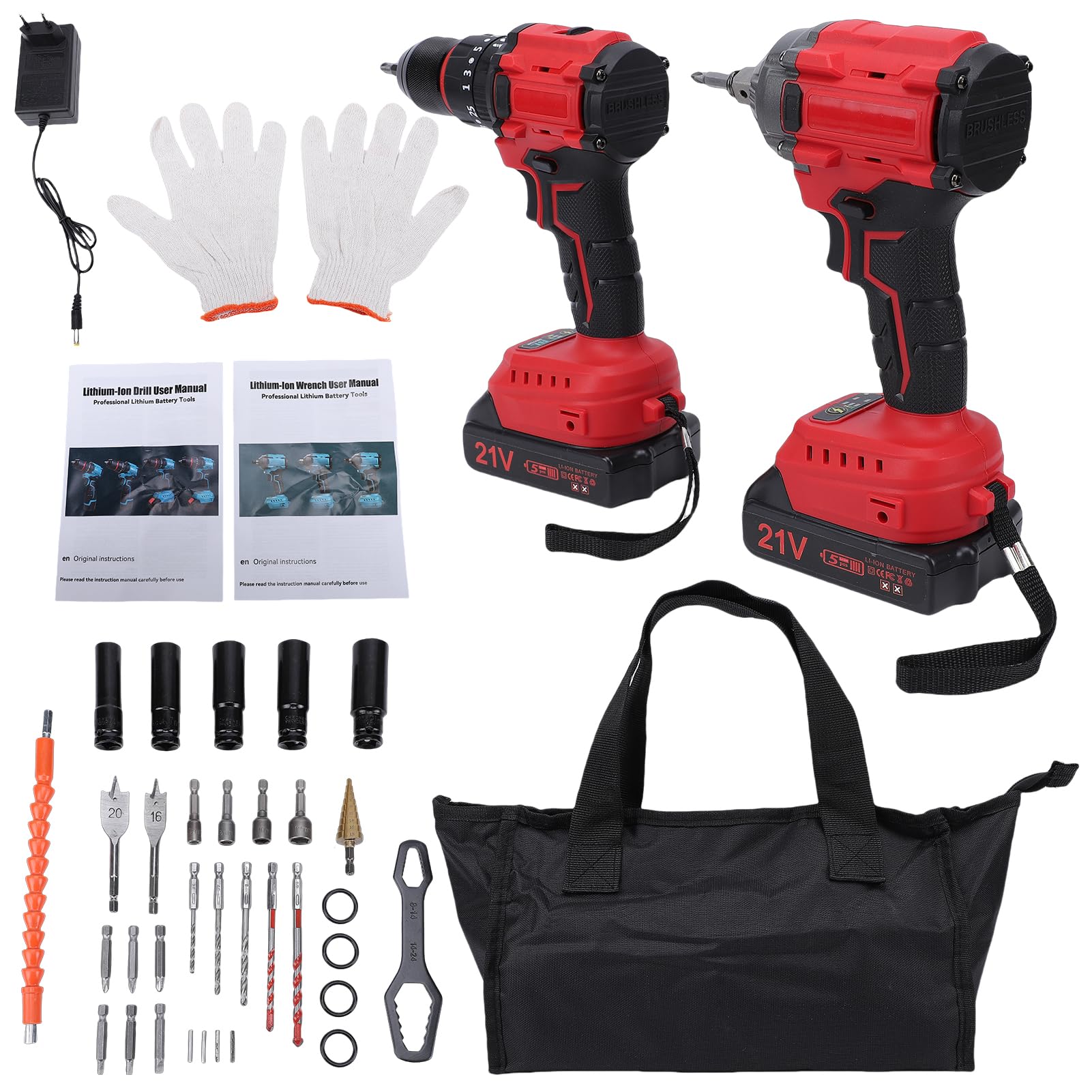 Avvitatore a Percussione e Trapano Senza Spazzole 21V Combo Coppia 350N 2400 Giri/min con 2 Batterie Luce LED per Progetti Professionali Fai da Te in Legno Metallo (Spina UE 230V)