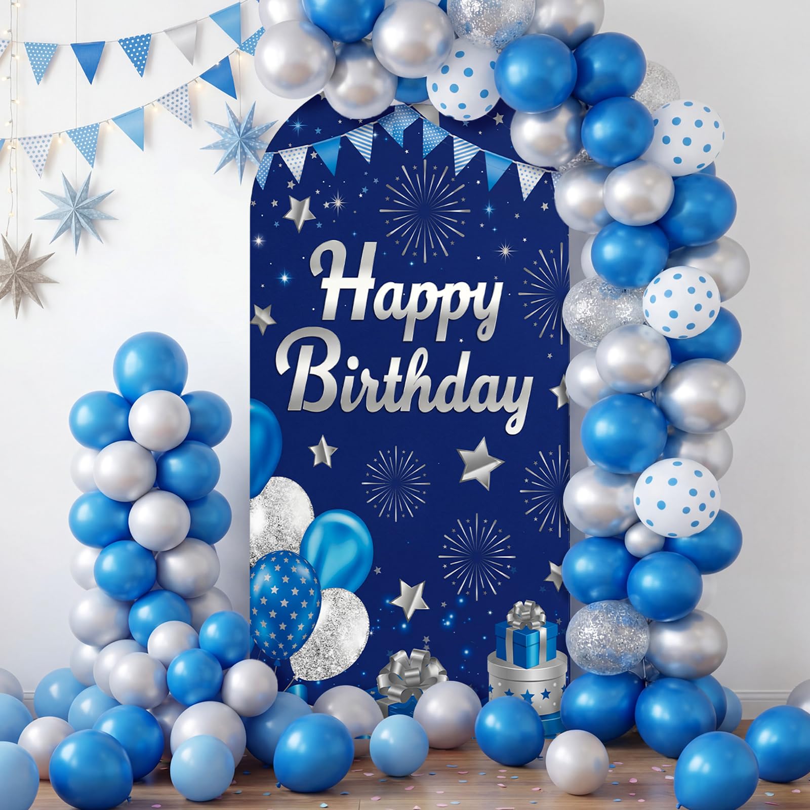 Photo 1 of Frienda Navy Blue Birthday Decorations Happy Birthday Arch Backdrop Cover 6.6ft Spandex Stretchy Blue Arch Cover for Reusable Backdrop Sign for Baby Shower Girls Boys Women Men