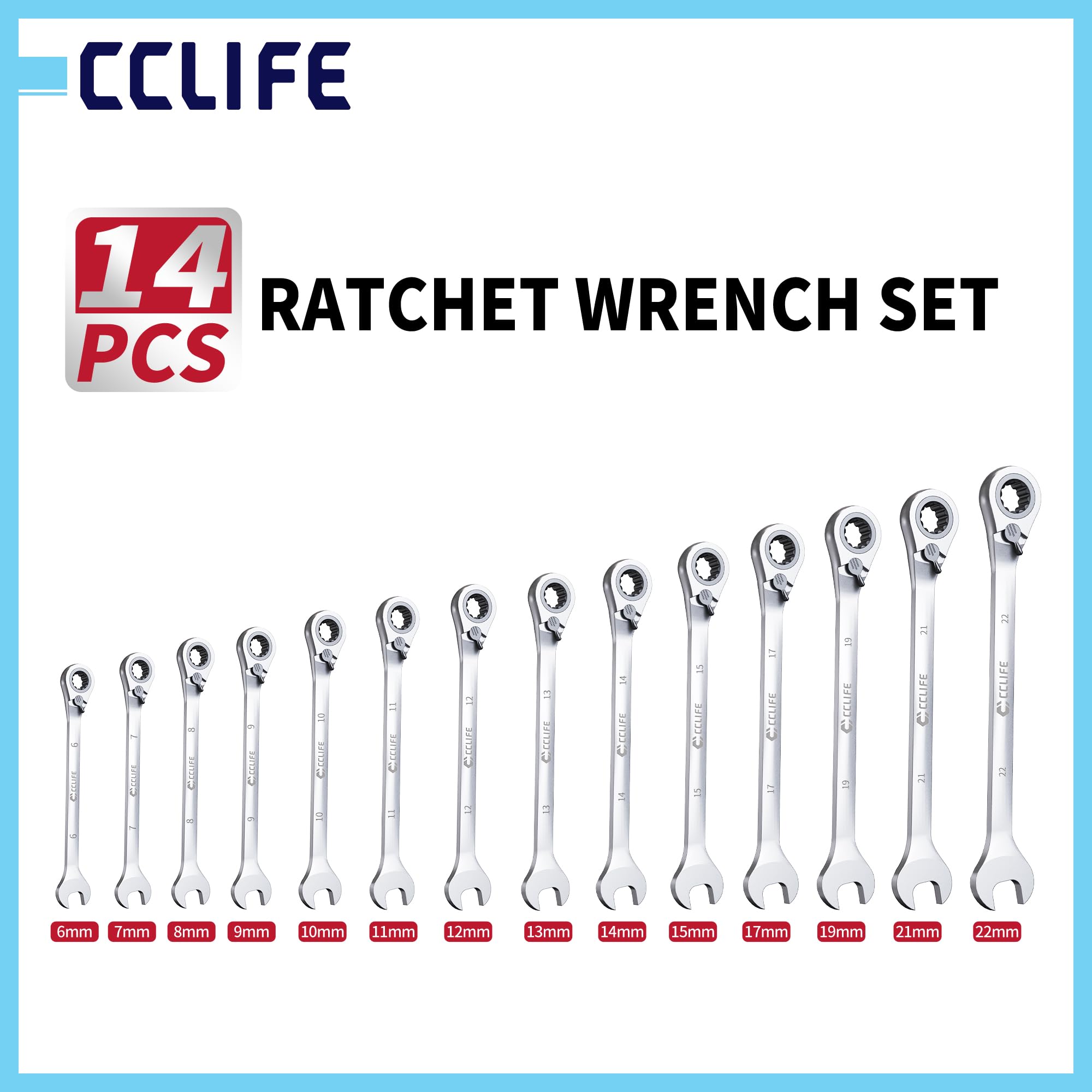 CCLIFE Lot de 14 clés à cliquet réversible 6-22 mm 72 dents CrV avec sac | Fonction de commutation, cliquet et clé mixte 2 en 1 en Cr-V, mécanisme à 72 dents avec sac pour voiture et atelier
