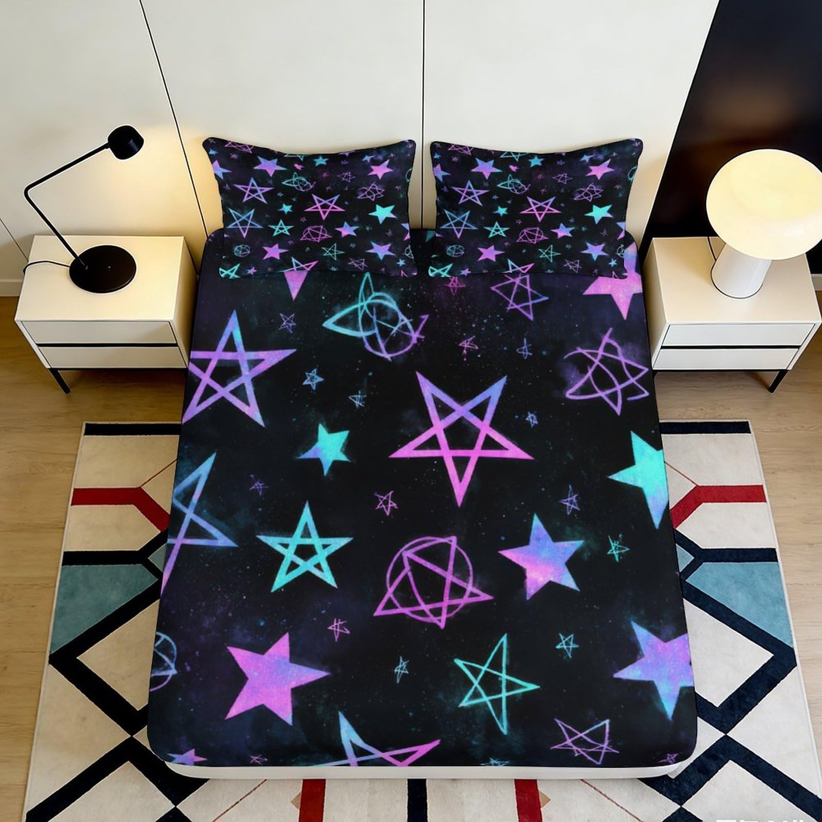 3D Printed Neon Star Fitted Sheet Microfiber Soft Breathable Cosmic Night Mattress Cover for Bedroom Dorm Decor 90x200x25cm