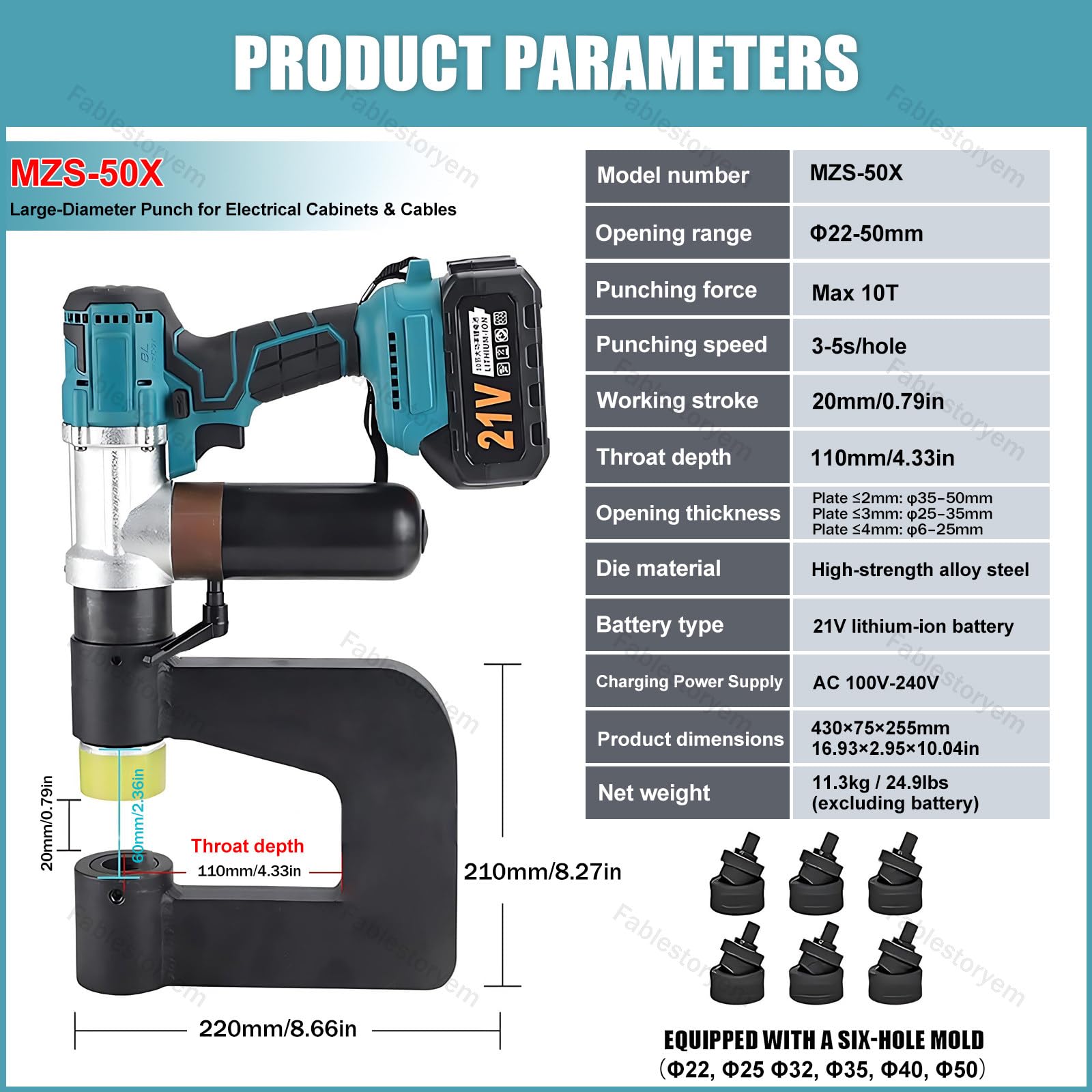 Punzonatrice Idraulica a Batteria 21V con Motore Senza Spazzole, Utensile di Punzonatura ad Alta Coppia - Gamma 16-50mm, 6 Set Punzoni e Matrici - per Lavori Metallici Pesanti MZS 50X