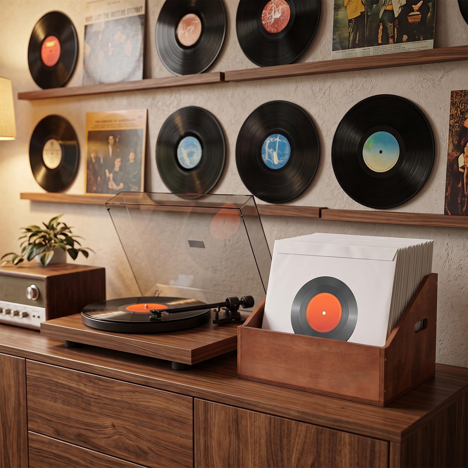 Fumete Scatola portaoggetti in legno per dischi in vinile, con 100 custodie per dischi da 45 giri/min, organizer resistente per album con manici e custodia quadrata in carta kraft da 17,8 cm, per