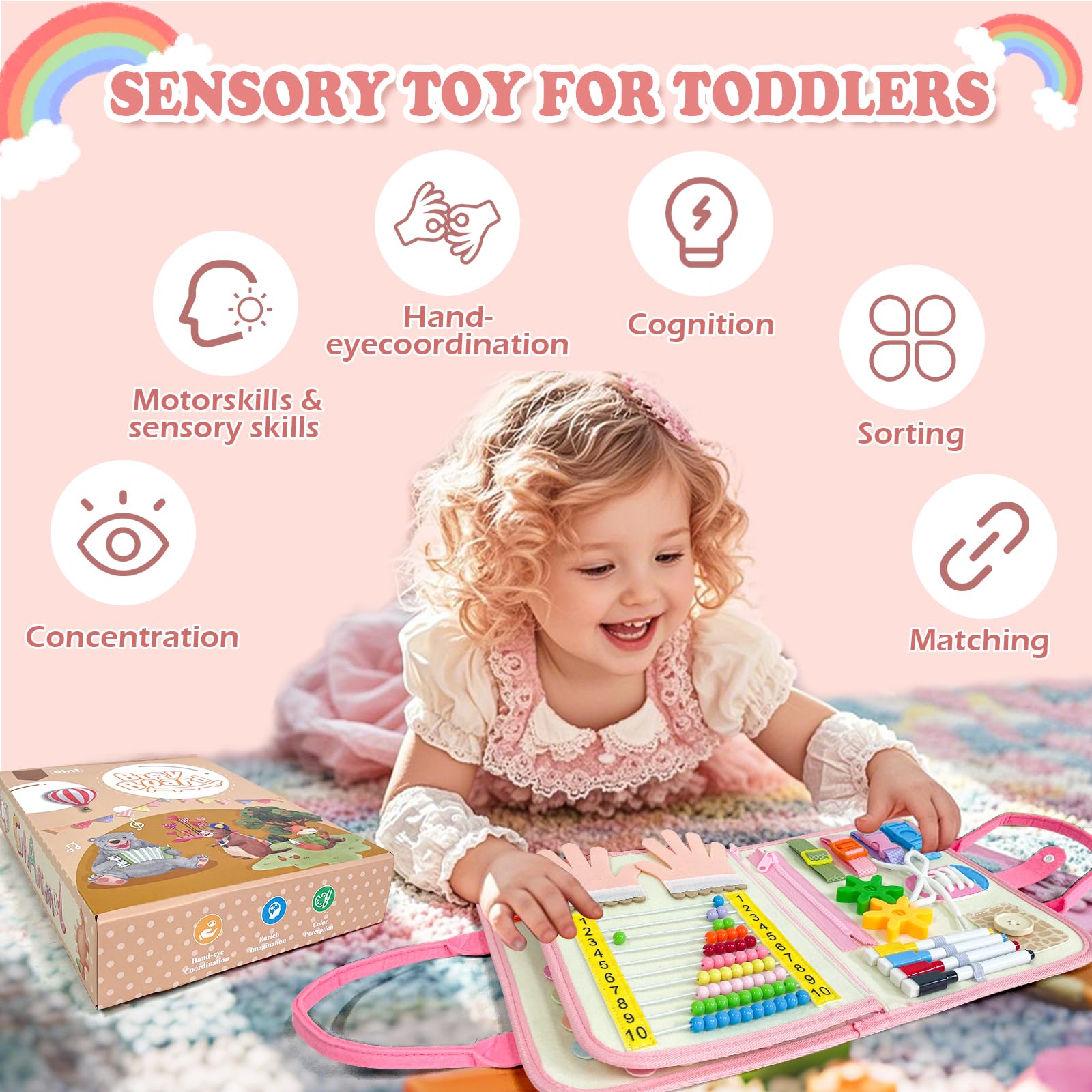 Sumtoco Busy Board, Giochi Montessori 1 Anno, Giochi Bambini 2 Anni, Libro Montessori Interattivo, Regalo Bambina 1 2 3 4 5 Anni, Montessori 2 Anni, Libri Bambini 1, Quiet Book, Regalo di Compleanno