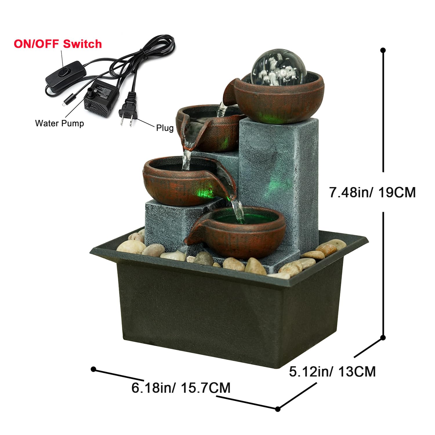 Pequeña fuente de agua para interiores, función de cascada de meditación zen con bomba automática y rocas naturales de río, fuente de cascada de mesa para oficina, sala de estar, dormitorio, 7.4