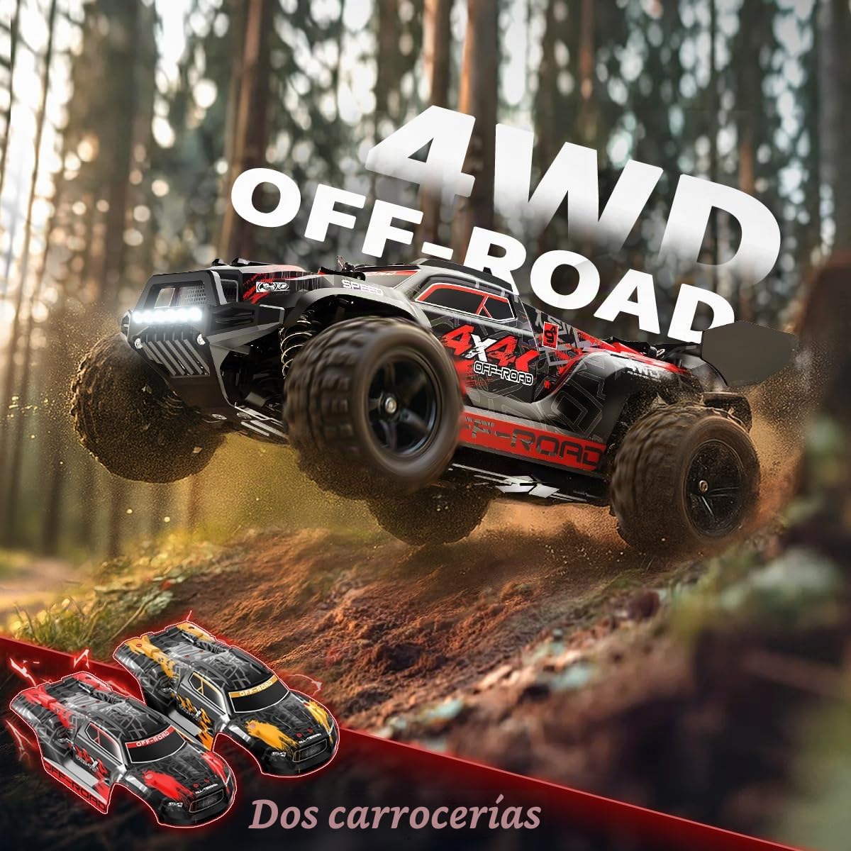 Coche teledirigido 4x4 Todoterreno 1:18 con Doble batería 1500 mAh, Velocidad 36 km/h, Dos carrocerías, con 2 carrocerías en Distintos Colores,Regalo Ideal para niños y Adultos