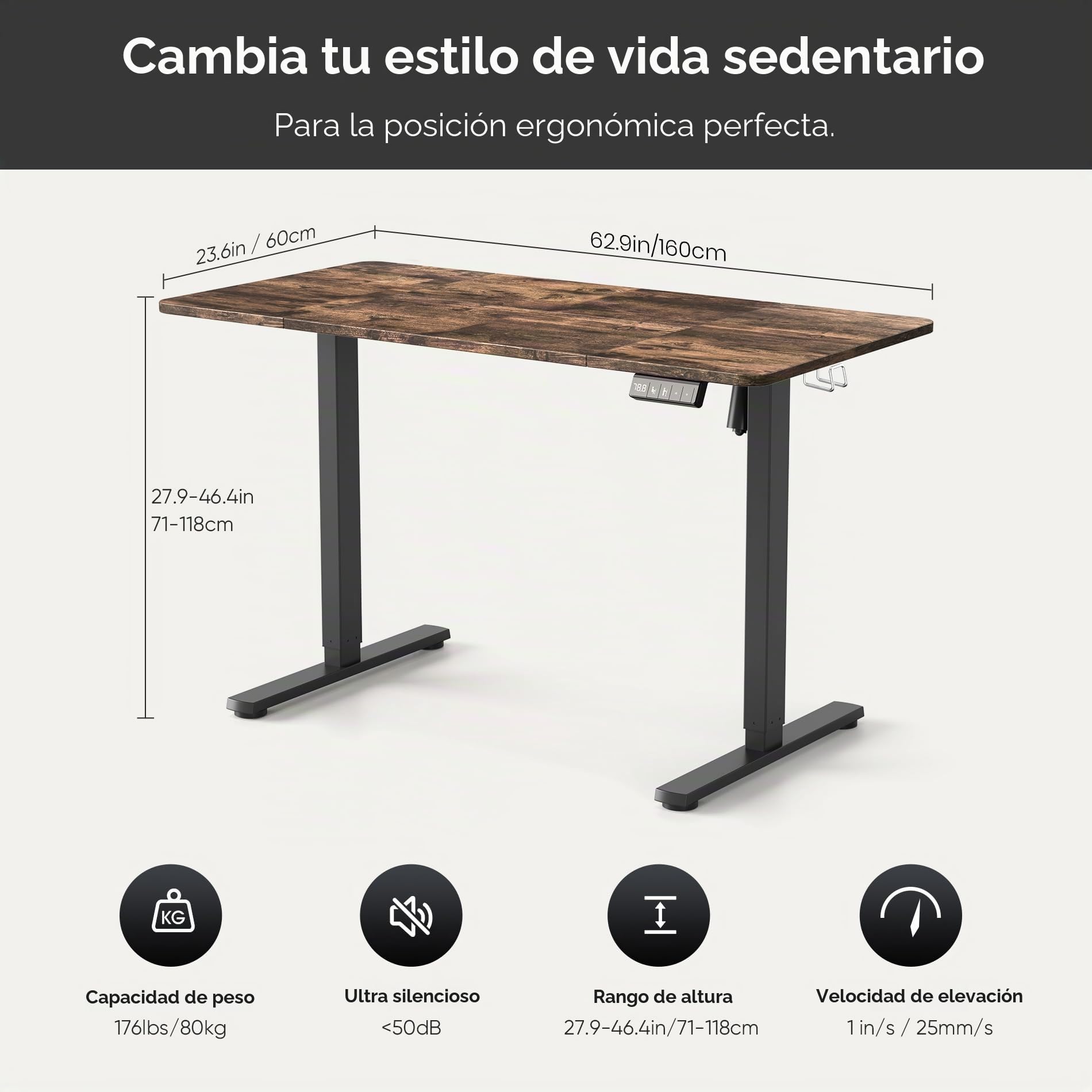 Escritorio eléctrico regulable en altura 160 x 60 cm, altura regulable con control de memoria y tecnología anticolisión, ruedas, tablero de empalme, marco negro/tablero de mesa marrón