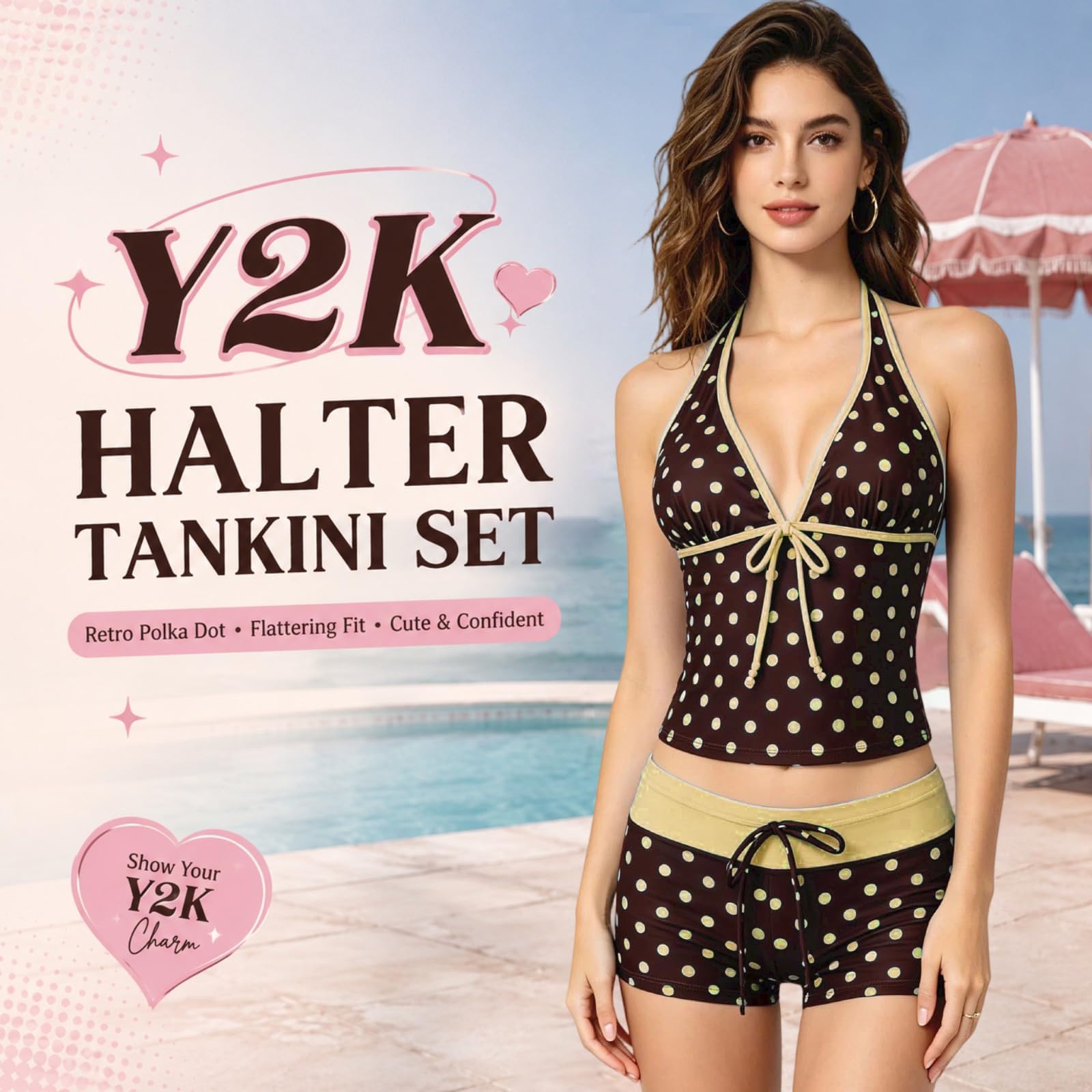 Bañadores Tankini para Mujer Bañador de Dos Piezas con Cuello en V Y2K Tankini Dos Piezas Lunares Cuello Halter Modesto Playa Vacaciones Adecuado para Vacaciones de Playa Verano