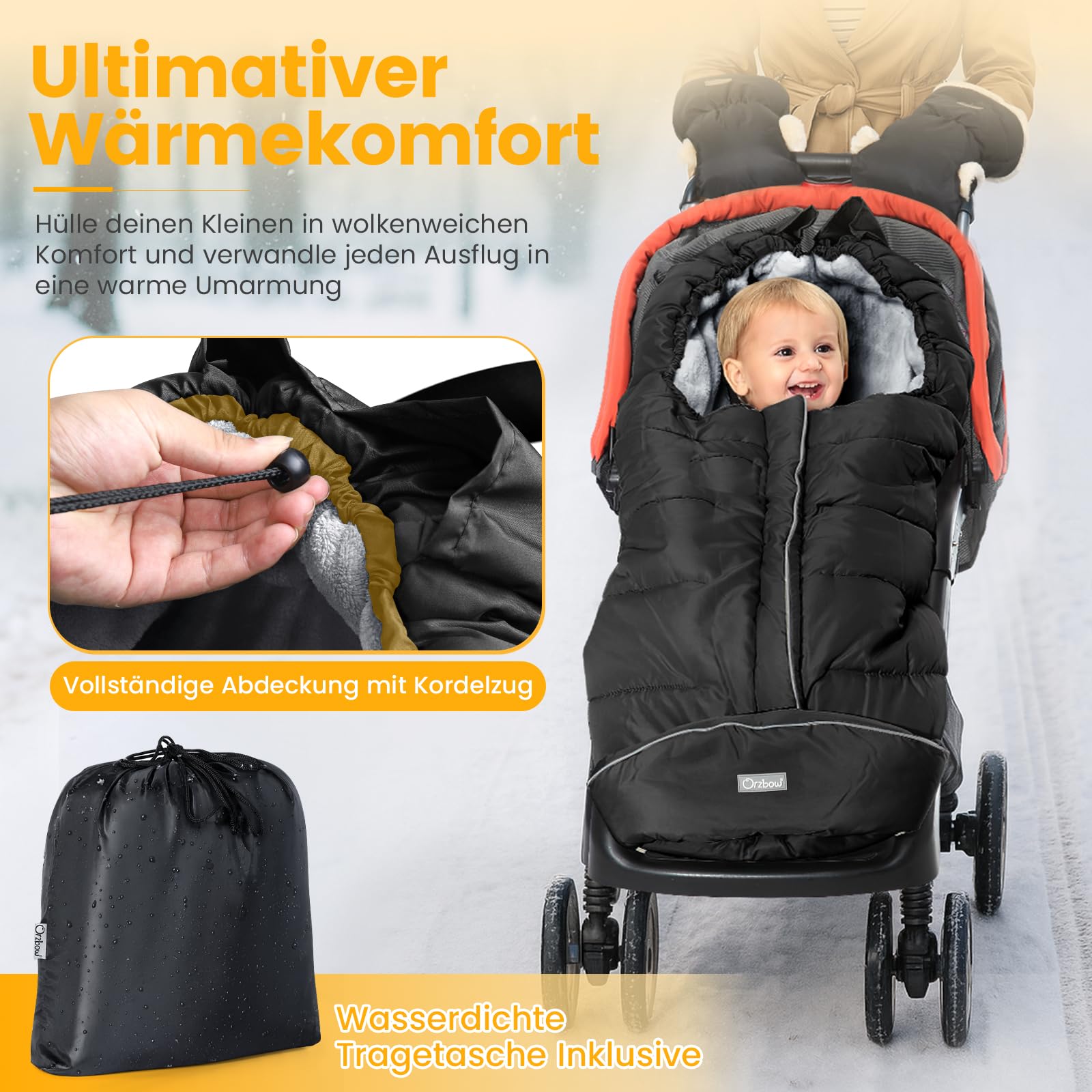 Orzbow Fußsack Kinderwagen Winter, Fusssack Baby mit Korallen-Fleece, Reißverschluss, Anti-Rutschschutz, Reflektorstreifen, Wasserdicht, Schwarz