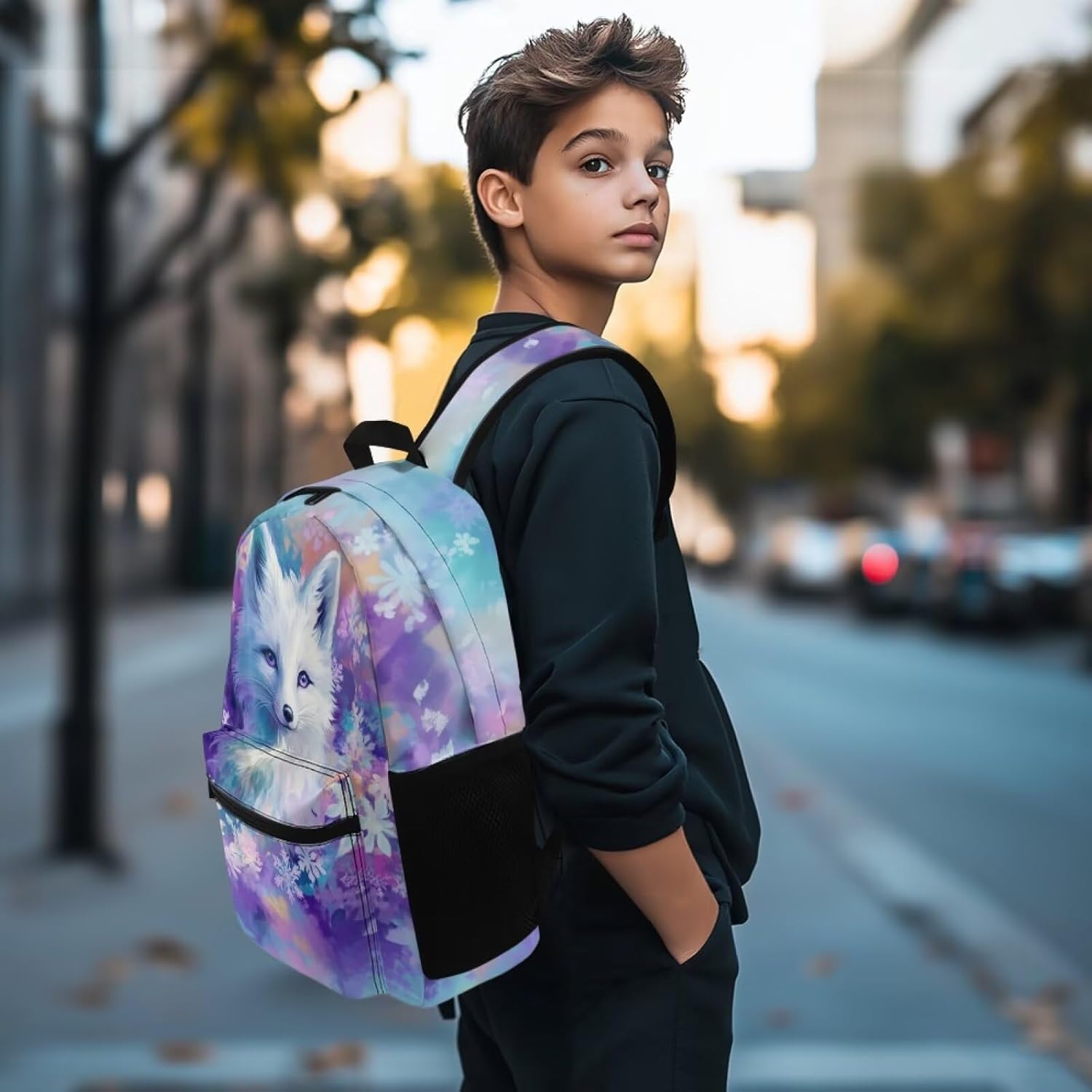 Arctic Fox Snow Print Flower Animal Pattern Kids Backpack with Side Pocket School Bookbag for Students Boys Girls