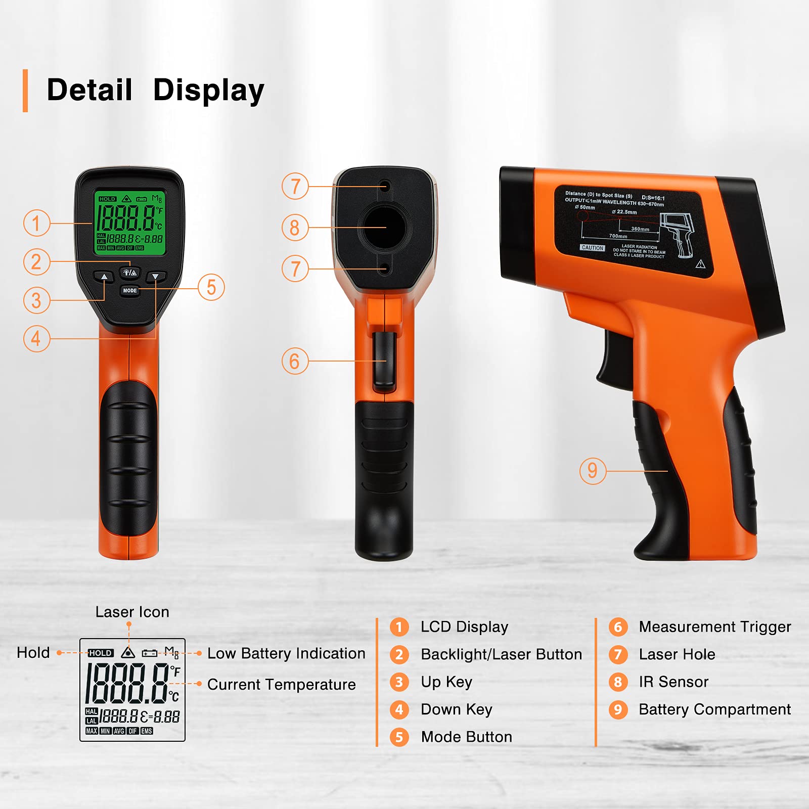 Laser Infrarot Thermometer -50℃ bis 750℃, Infrarot Thermometer mit 16:1 Spot-Verhältnis, Temperaturmessgerät IR Pyrometer mit Berührungslose,Einstellbarer Emissionsgrad für Kochen/Automotive