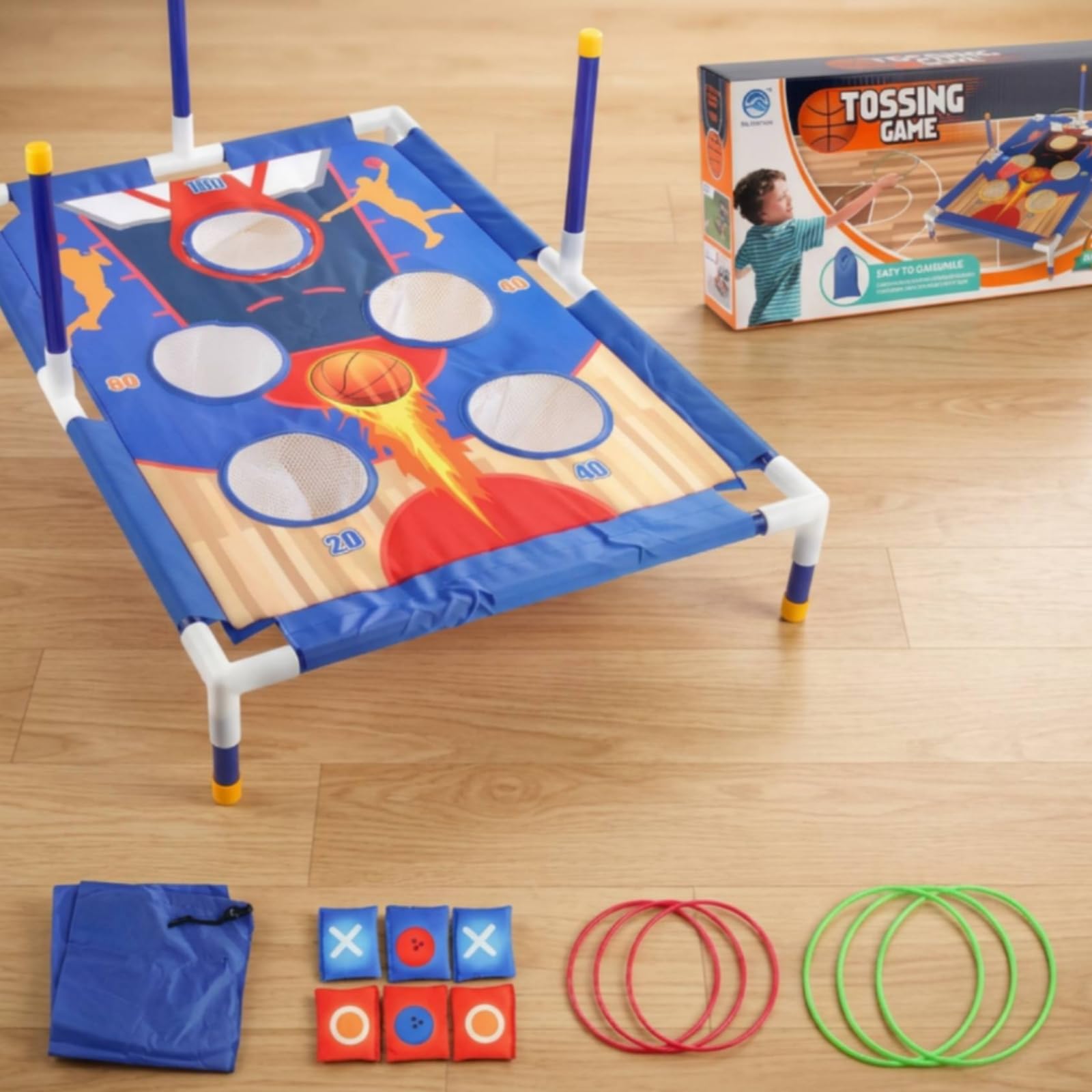 Gioco Lancio Anelli per Bambini con Tabellone Rialzato Set Sportivo con Fori Punteggio Anelli Piccoli Più Tre Grandi Telaio con Gambe Coordinazione