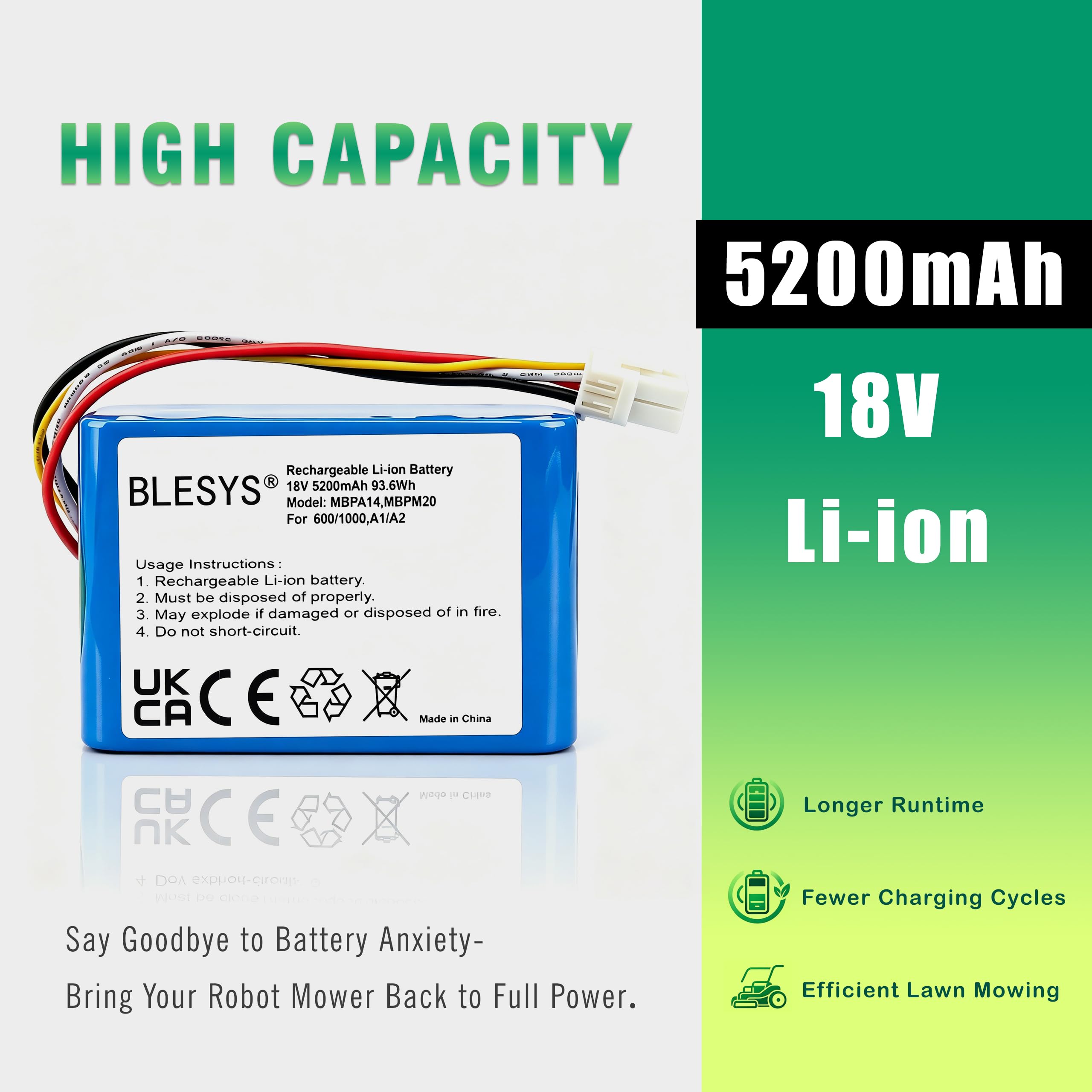BLESYS Batteria di ricambio per robot tosaerba, 18 V, 5200 mAh, compatibile con Dreame A1, A1 Pro, A2, A2 Pro, MLLA7110, MLLA7210, MXXA8210