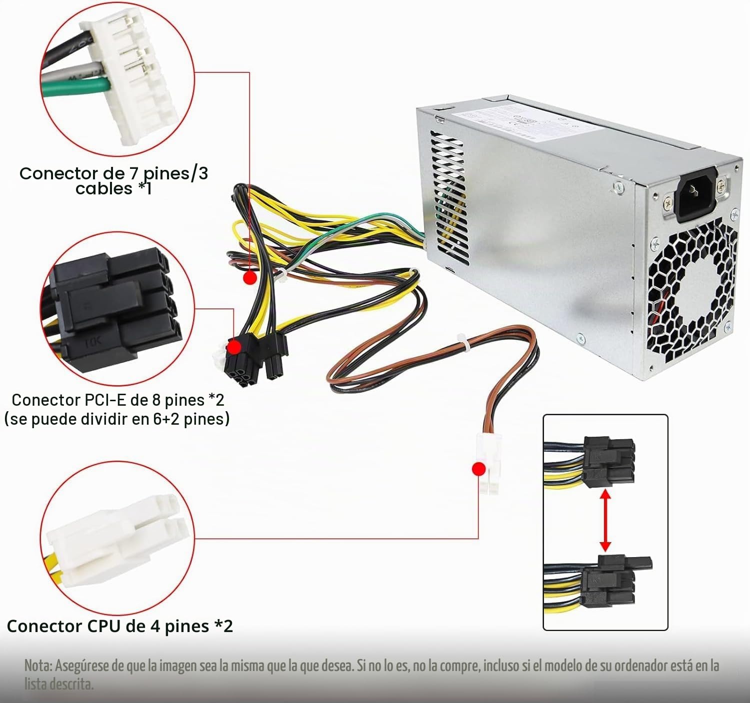 S-Union Fuente de alimentación mejorada de repuesto de 310 W P/N PCG007 DPS-310AB-1A 937516-004 901772-004, compatible con HP ProDesk 280 288 480 G3 MT 400G4 282G3 SFF (7PIN + 8 pines) +Conector de 4