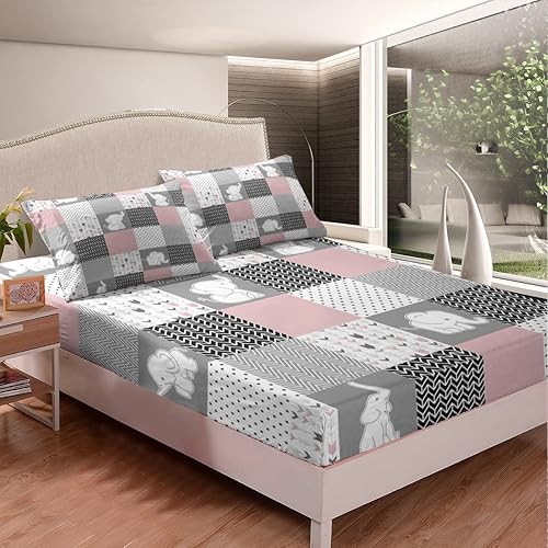 Miniatura 2 de Bonita sábana bajera ajustable de elefante, tamaño matrimonial, con temática de animales encantadores, diseño de cuadrícula rosa, ropa de cama de