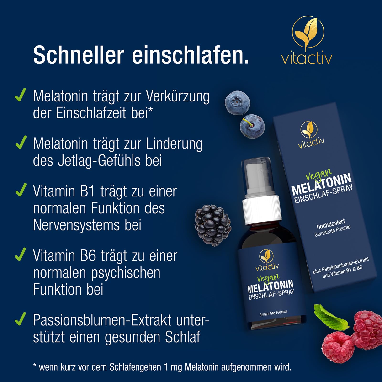 VITACTIV Melatonin Einschlafspray - Gemischte Früchte - 1155 Tage Vorrat, Hochdosiert - Melatonin Spray plus Passionsblumen Extrakt, Vitamine B1 und B6 - Zuckerfrei & Vegan - 150ml Sofort-Spray