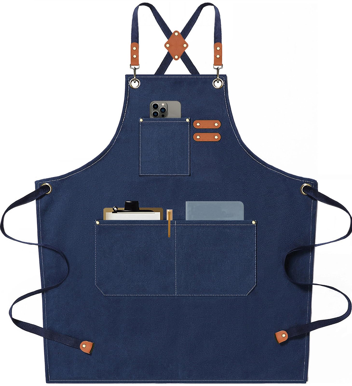 AFUN Chef Aprons for Men Women with Large Pockets, 16-Ounce Cotton Canvas Cross Back Heavy Duty Work Apron (Dark Blue)