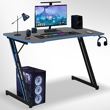 47 Inch Gaming Desk Z-Shaped, Ergonomic Workstation Desk, Sturdy PC Computer Desk for Home Office with Headphone Hook, Adjustable Foot, Blue