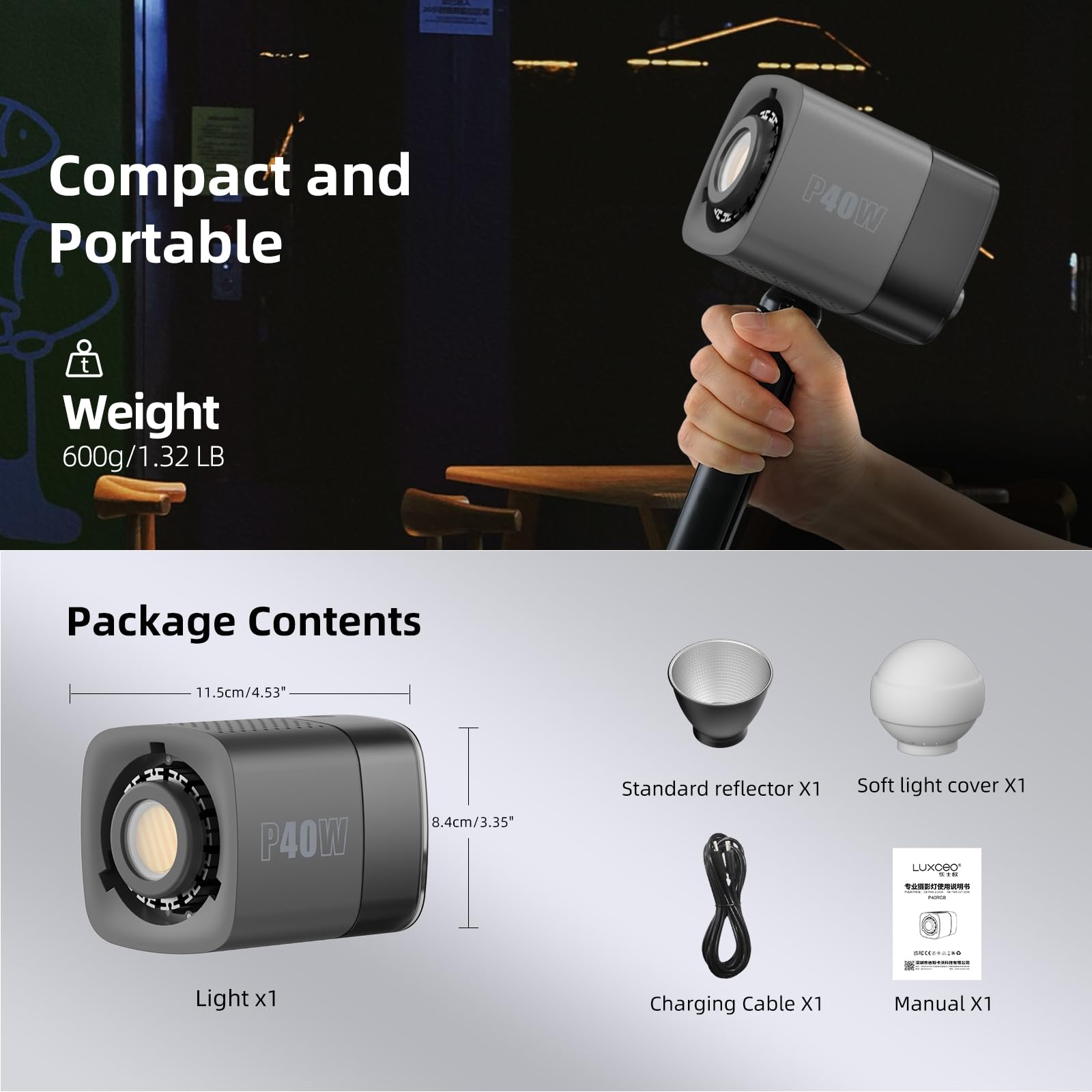 Luz de vídeo LED, 40 W, COB, luz de estudio, 2500 K-6500 K, 11500 lux, modo CCT con carga rápida tipo C, para fotografía de iluminación de vídeo