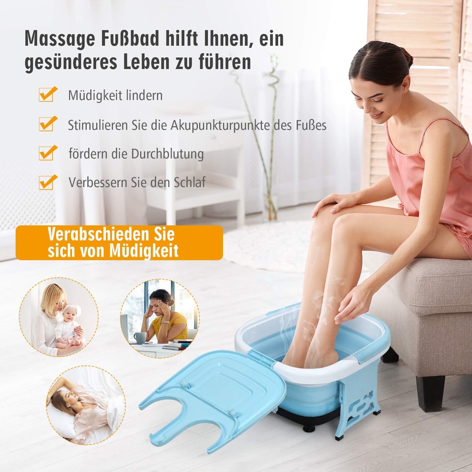 FANTASK Elektronische Fußbadewanne, Fußmassagegerät klappbar mit Heizung, Max. 48°C, 10-60 Min Timer, Multifunktionales Fußbad mit Sprudelfunktion & Infrarotlicht, inkl. Fernbedienung, 500W (Blau)