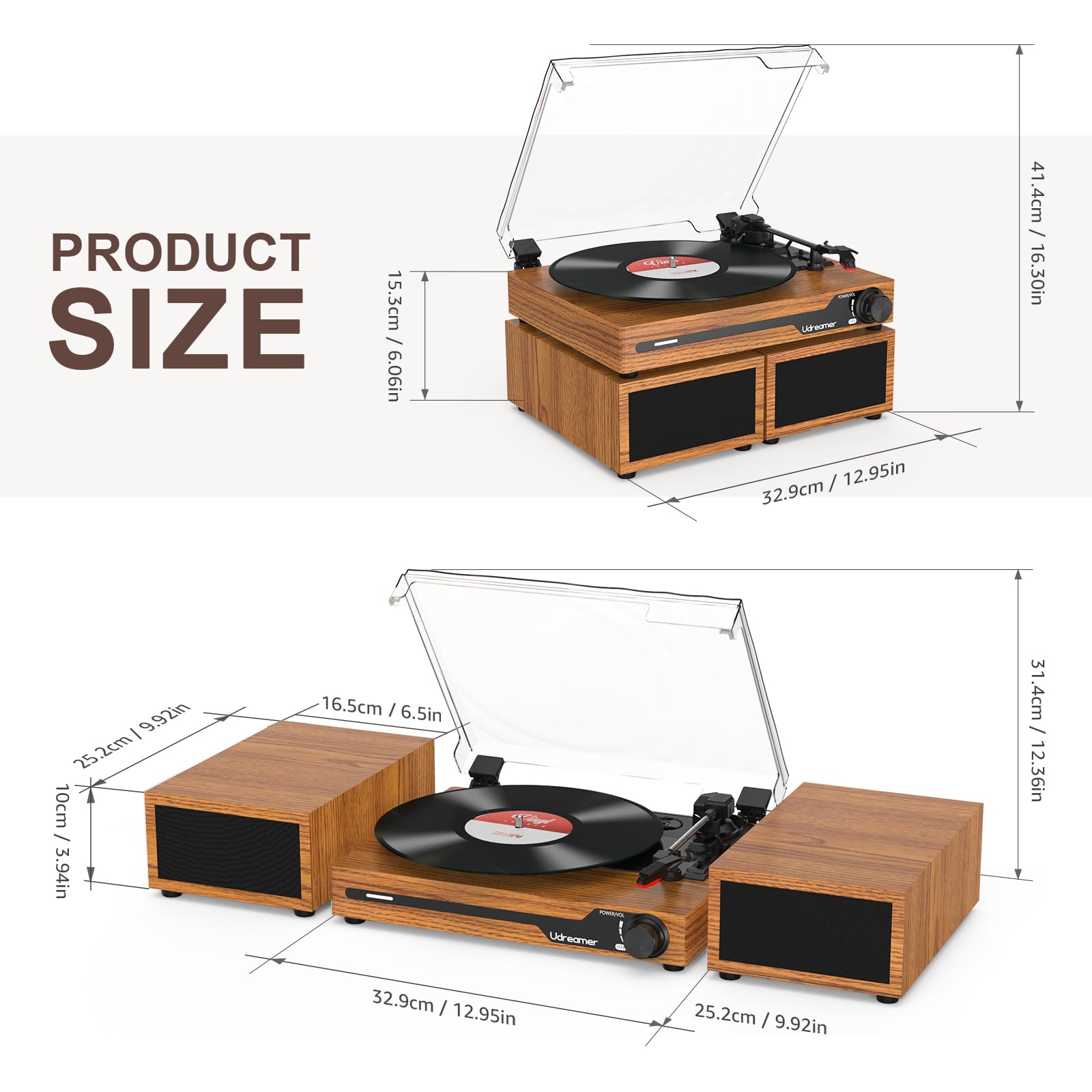 Udreamer platenspeler Bluetooth Hi-Fi-systeem met 40W boekenplankluidsprekers, vinylspelers met aluminium draaiplateau, riemaandrijving 2 snelheden, AT-3600L, bruin
