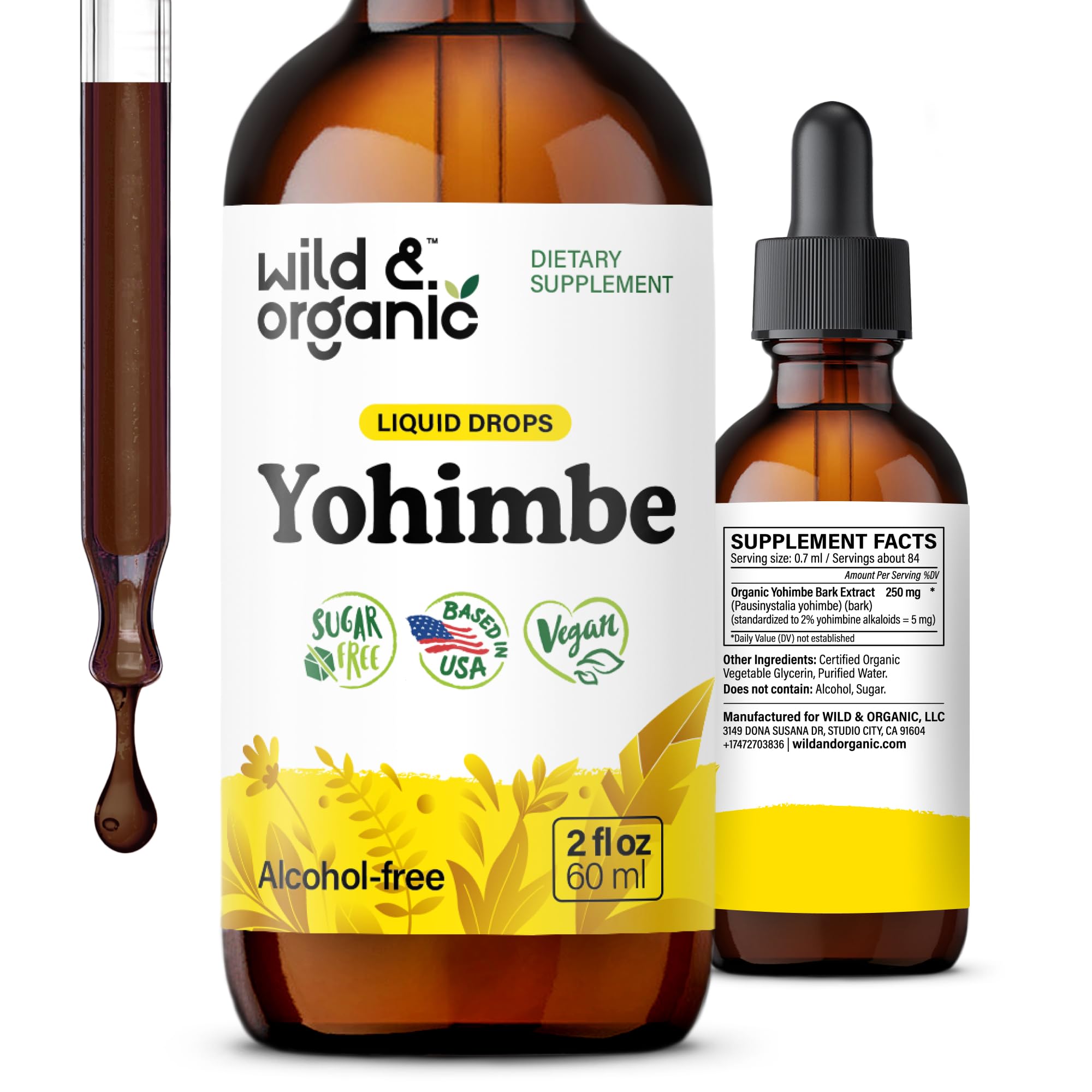 Wild & Organic Yohimbe Supplements for Men & Women - 5 mg Yohimbine Liquid Extract Drops - Pausinystalia Yohimbe Bark Tincture - Vegan, Alcohol-Free - 2 fl oz