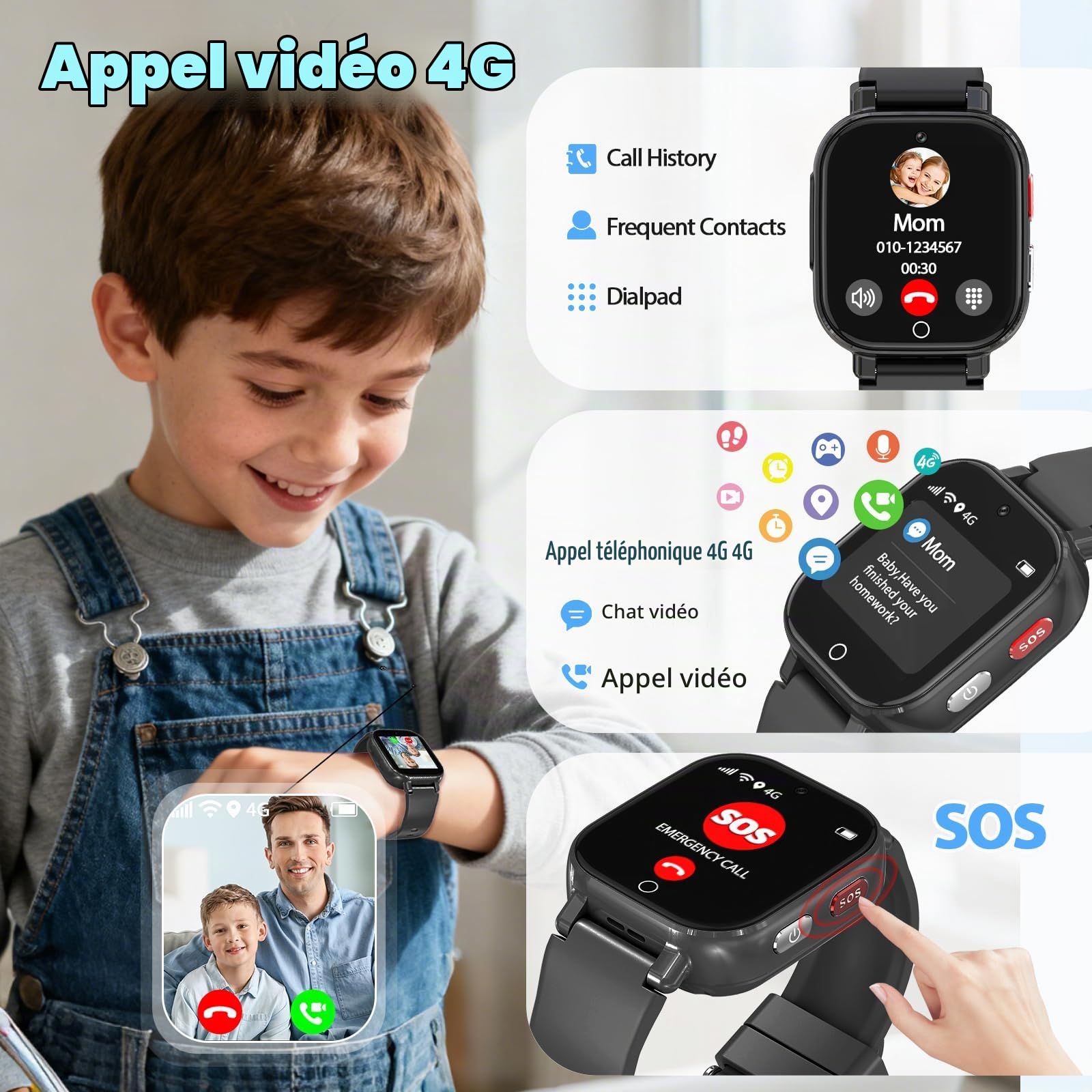 Montre Connectée Enfant, Smartwatch GPS/Téléphone/Appels Vidéo/Chat Vocal | SOS/Mode École/Réveil/Appareil Photo/Podomètre, Montre Intelligente Pour Enfant Cadeau pour Garçons et Filles, Violet