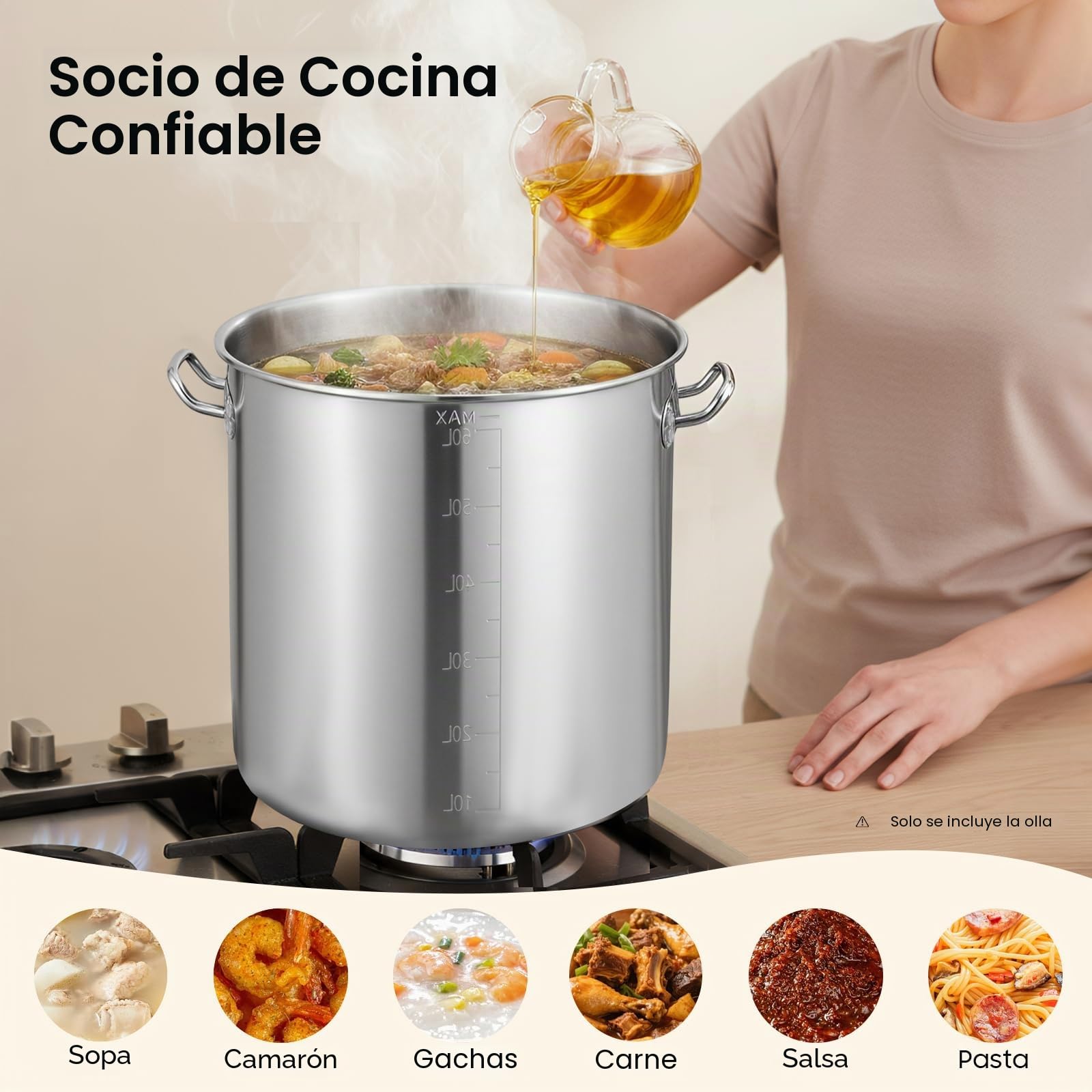 Olla para sopa de 70 litros, gran capacidad, con olla de camping, olla de cocina, asas equipadas, olla de acero inoxidable para cocinas de gas, cocinas eléctricas, cocinas de inducción, color