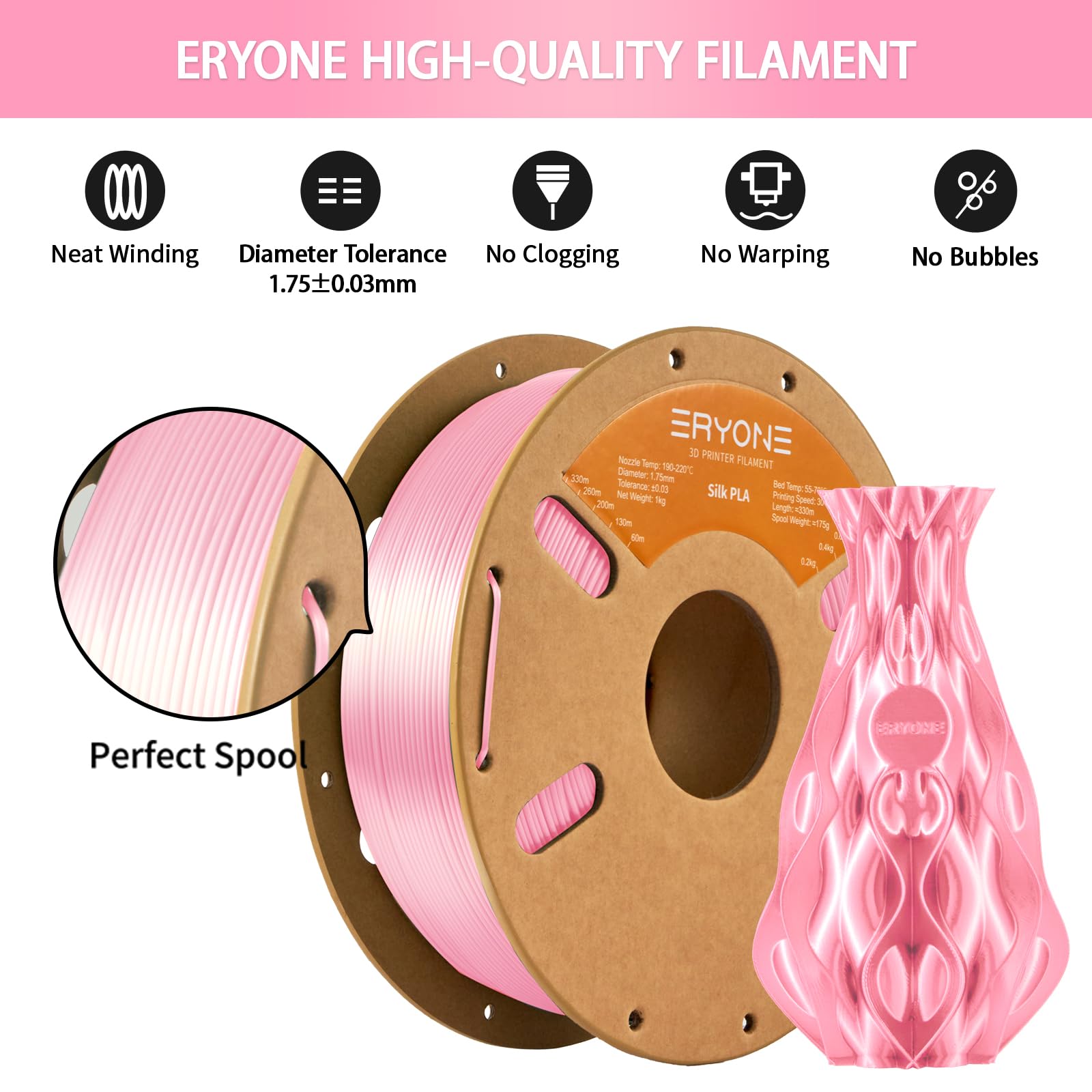 Filamento ERYONE Silk PLA per stampante 3D, 1,75 mm, tolleranza: ± 0,03 mm, 1 kg (2,2 libbre)/bobina, Rosa