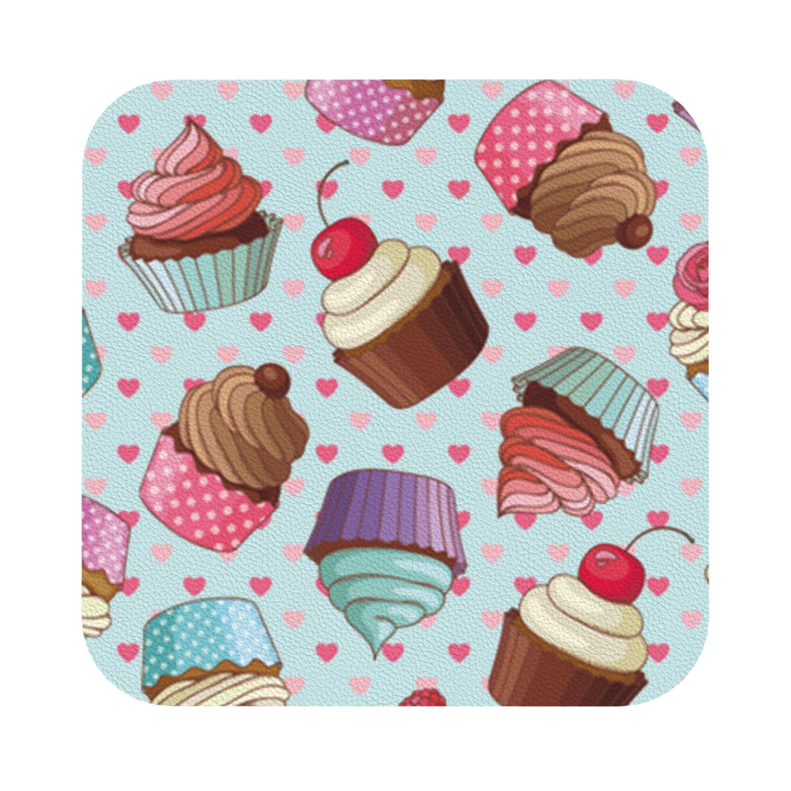 Cupcake Pattern PU Leather Coasters Set of 6 Square Drink Coasters