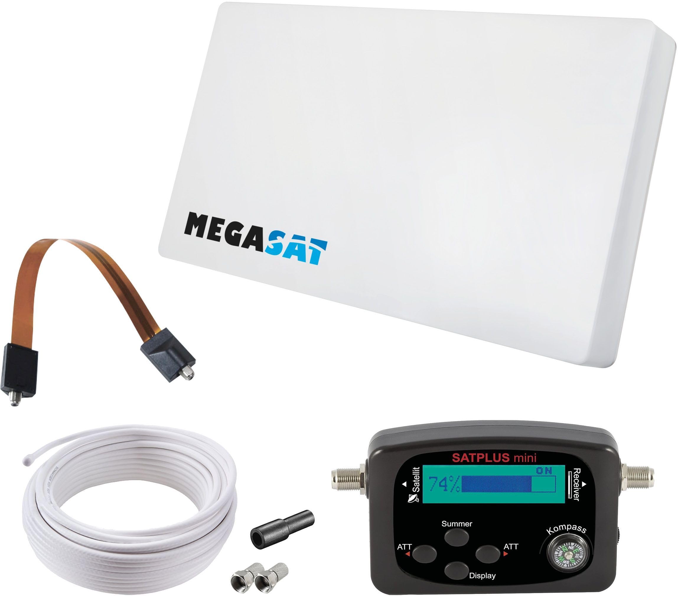 Megasat Antena Plana Set – D1 Profi-Line (1 Usuario, Incl. 10 m de Cable, buscador de satélite, pasacables para Ventana, LNB Intercambiable, múltiples Opciones de Montaje) – Blanco