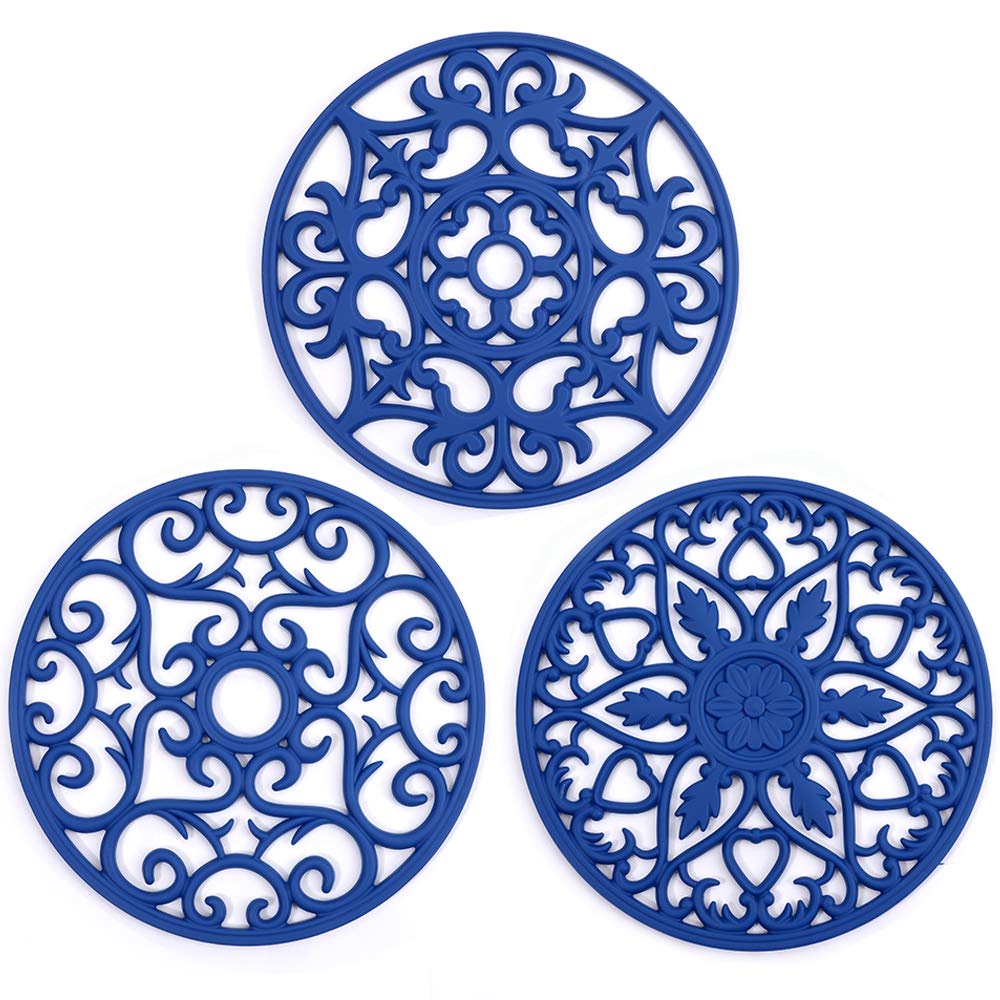 ME.FAN Silicone Trivet 3 Set Silicone Trivet Mat - Multi-Use Intricately Carved Insulated Flexible Durable Non Slip Coasters (Deep Blue)