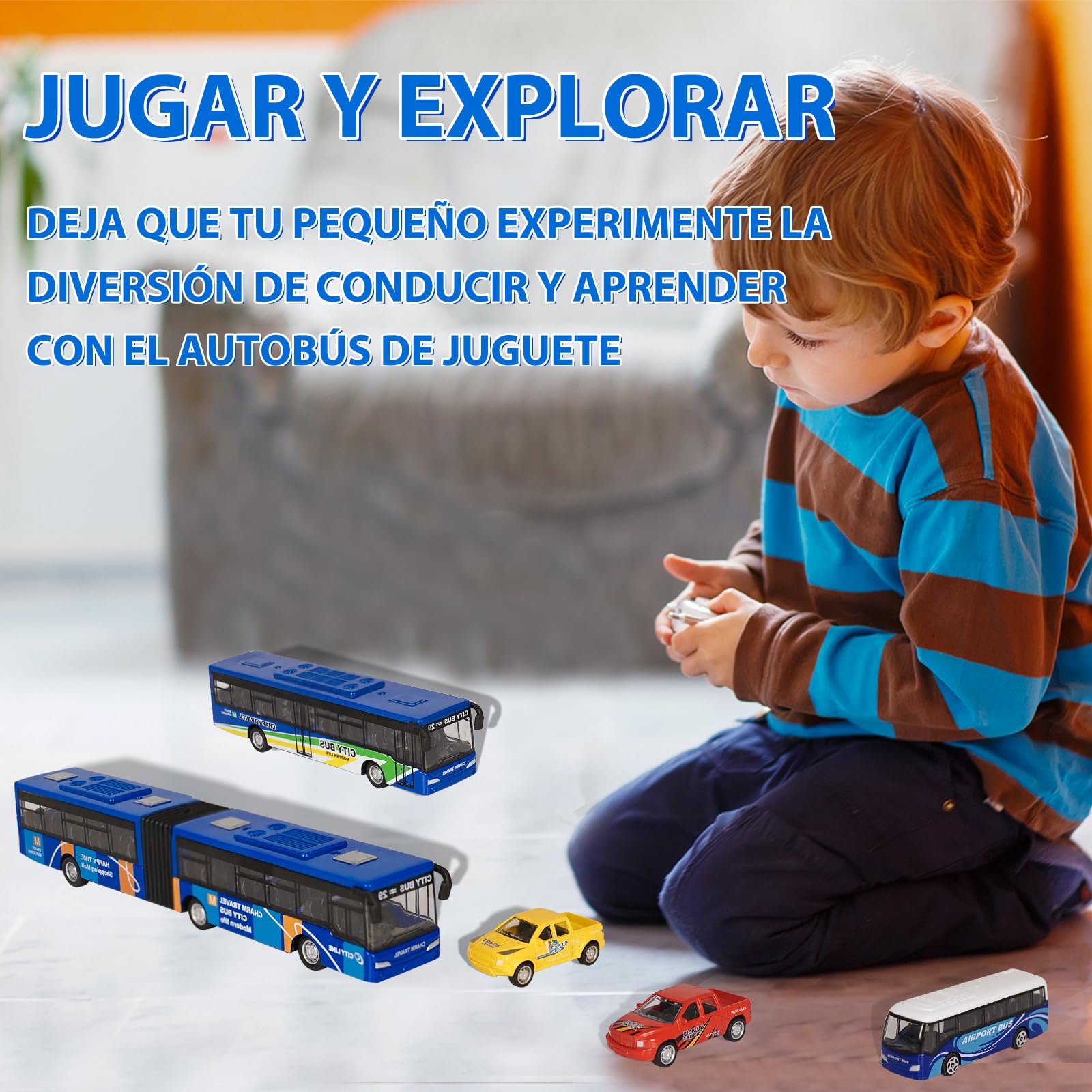VBACALA Juego de 5 Autobuses de Juguete con Función Pull Back,Incluye Autobús Urbano, Aeropuerto, Articulado y 2 Camionetas,Juguetes para Niños +3 Años, Regalo Ideal para Navidad y Cumpleaños