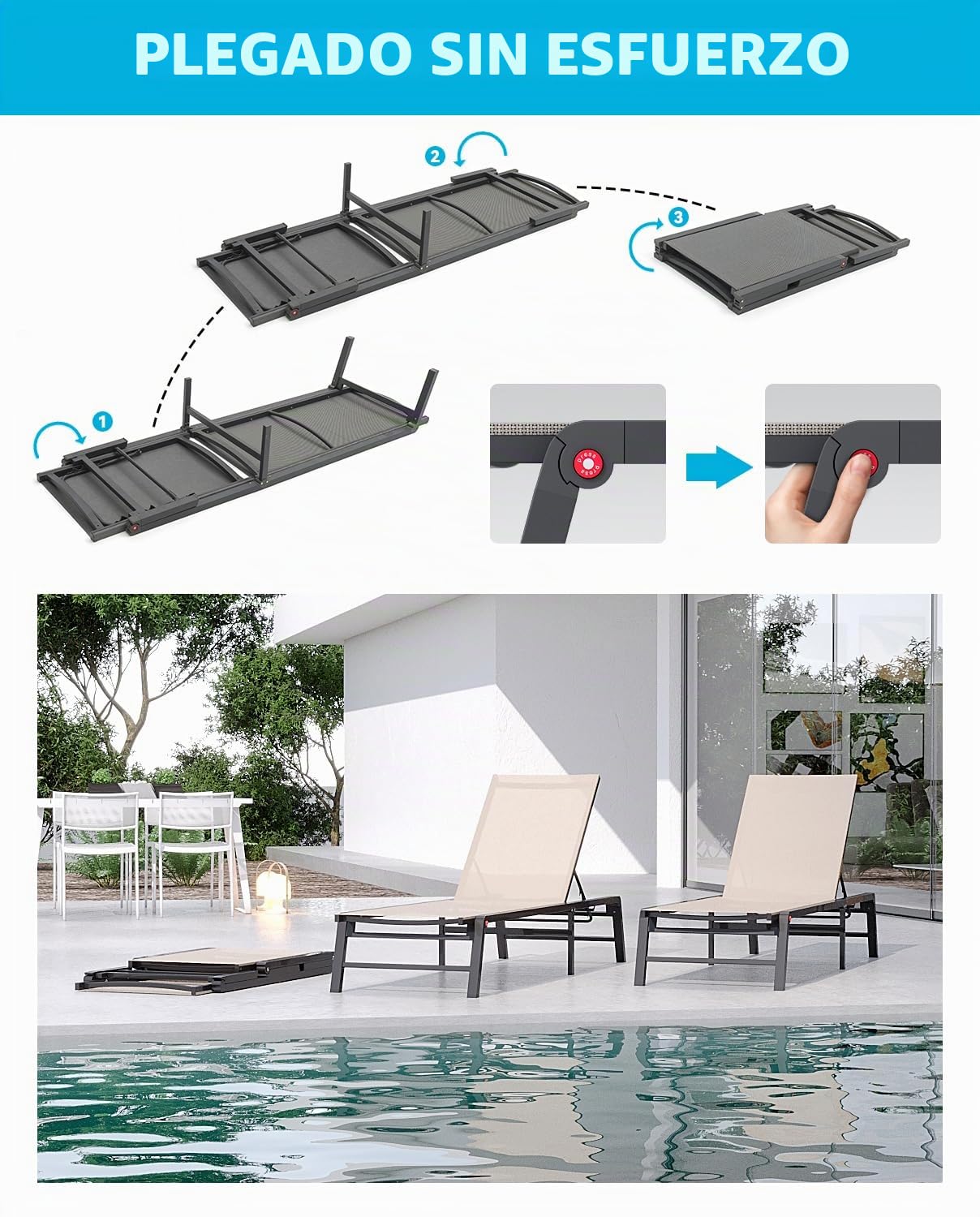 Tumbona de Aluminio para Exteriores, con 5 Posiciones Ajustables, Plegable, para Piscina, Playa, Patio, Piscina, Interior y Exterior, Color Beige