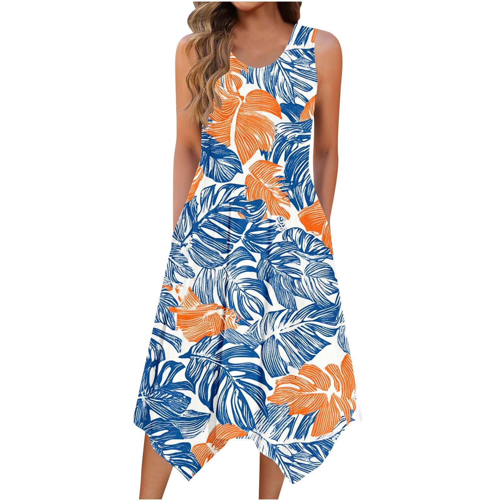 Women Casual Sleeveless Tank Dress Summer Flowy Swing A-Line Flared Dress for Ladies UK Beach Midi Sundress with Pockets & Hankerchief Hem My Orders Sale Clearance Deals Order 2025