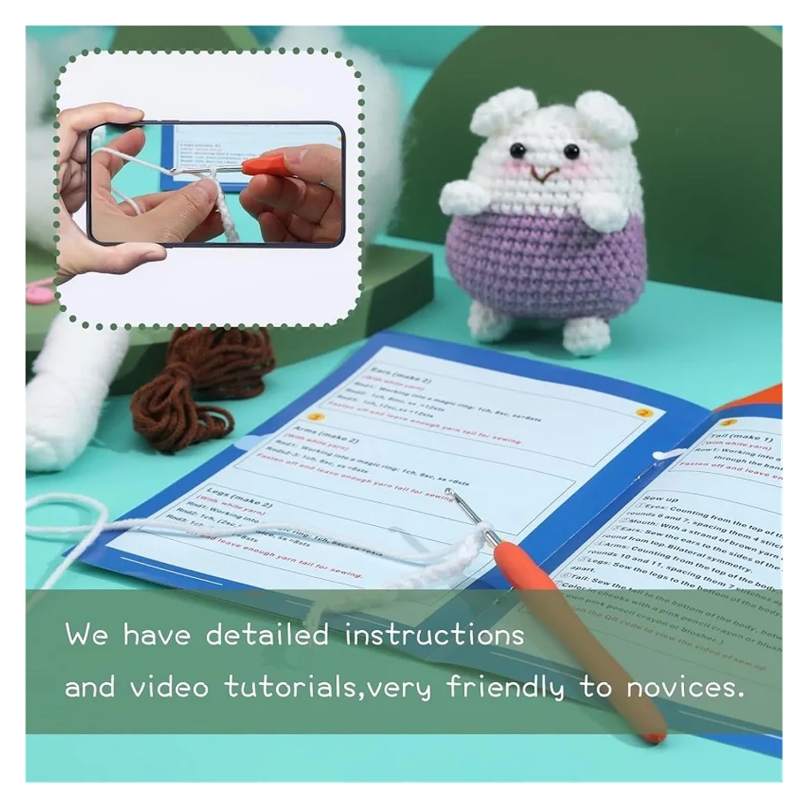 Kit Ganchillo Kit de inicio de animales pequeños de crochet for adultos con agujas de crochet, hilo de fibra de poliéster, instrucciones y marcador de puntos.(Mouse a)