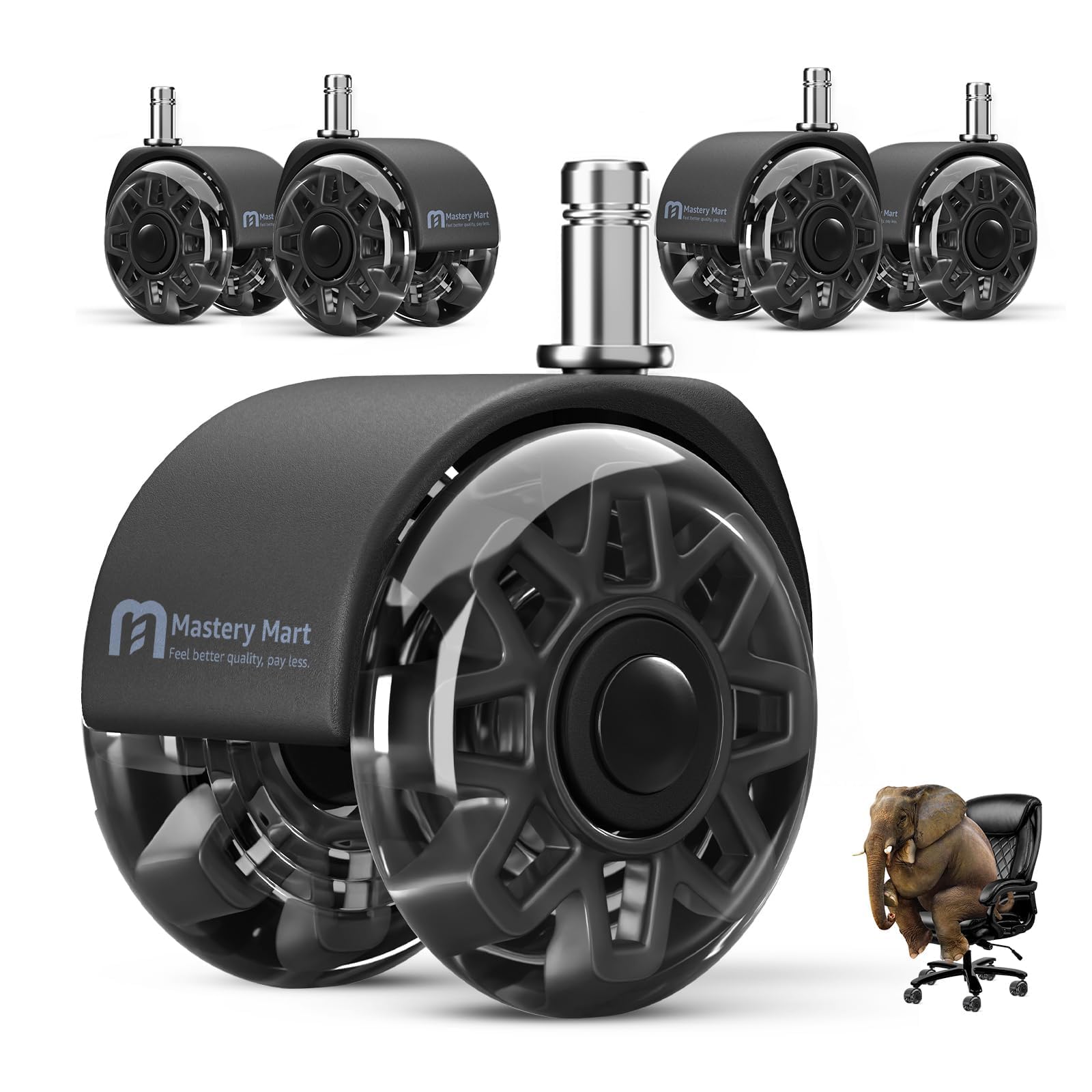 Mastery Mart Juego de 5 ruedas para sillas de oficina de 11 mm, 70 mm de altura, ruedas de suelo duro, para sillas de oficina, parquet, aptas para el 98% de todas las ruedas, no para 1KEA, color negro
