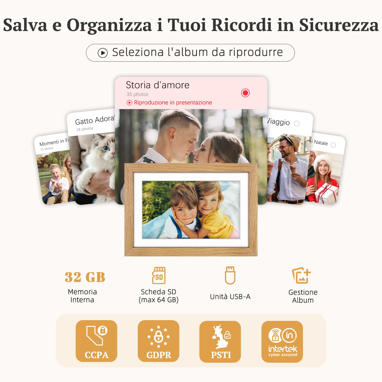 Cornice Digitale Legno di Quercia WiFi, Portafoto Digitale 10,1" Memoria da 32 GB, Touchscreen IPS HD 1280 * 800, Rotazione Automatica, Condividi Foto/Video Tramite l'app Frameo, Regalo da Donna Uomo