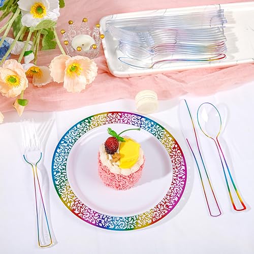 Miniatura 9 de Supernal 120 PCS Cubiertos de Plástico Transparente Resistentes  Utensilios Desechables Juego de Cubiertos Coloridos Arcoíris Incluye 40 Tenedores,