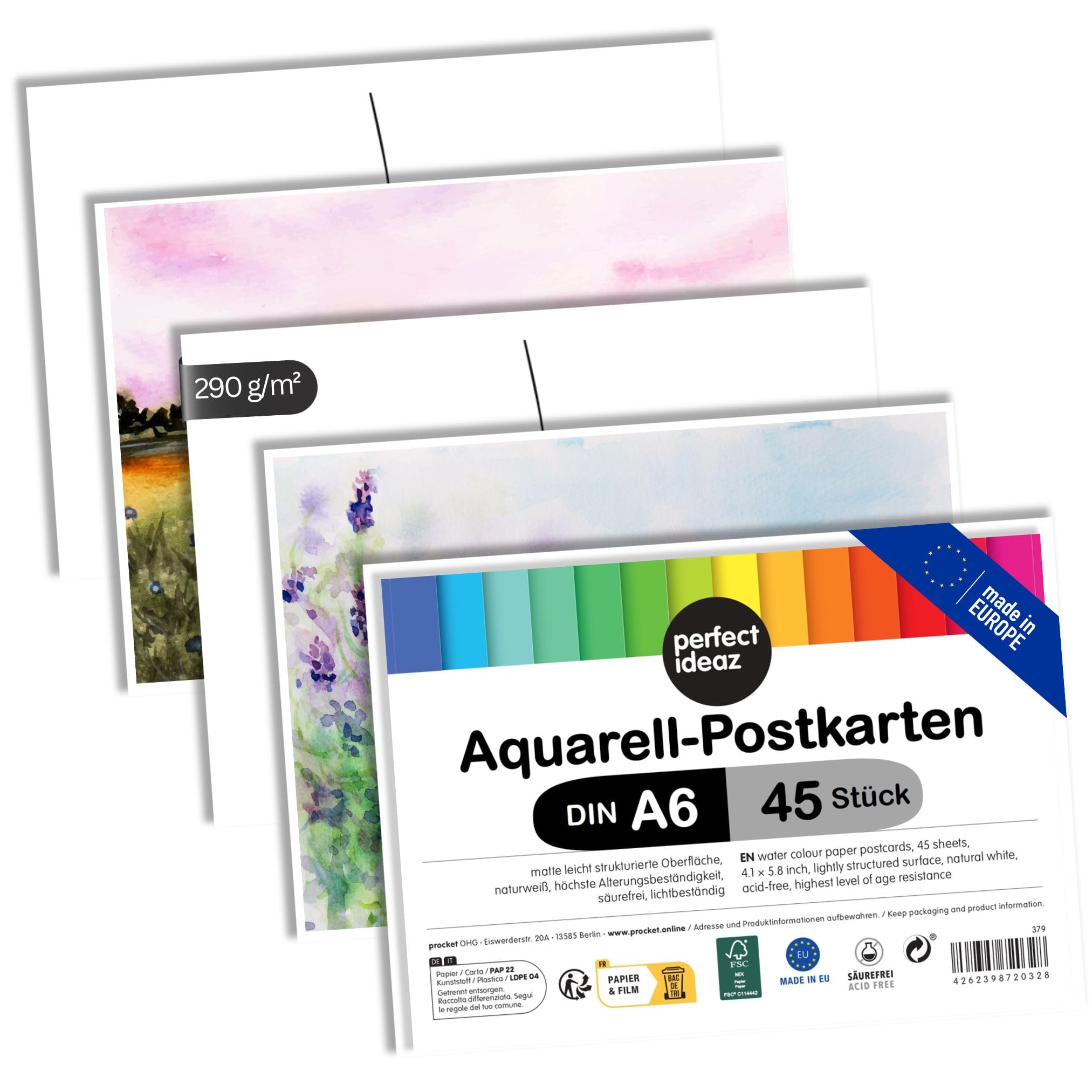 perfect ideaz - Watercolour Postcards - 45 Sheets, DIN-A6, 290 g/m² - Premium Paper Natural White - Watercolor Paper Acid-Free, FSC® Certified