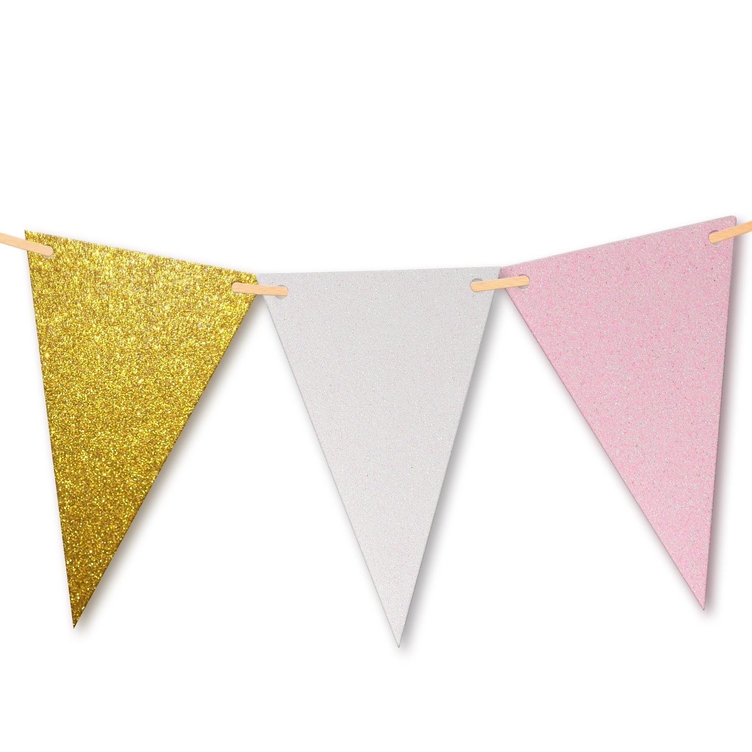 10 Feet Amazing Gold Glitter, Pink & White Triangle Flags Pennant Bunting Banner Paper Triangle Flag Wedding Bridal Shower Nursery Banner Special Occasion Birthday Party Banner 15 Flags - 1 Pack