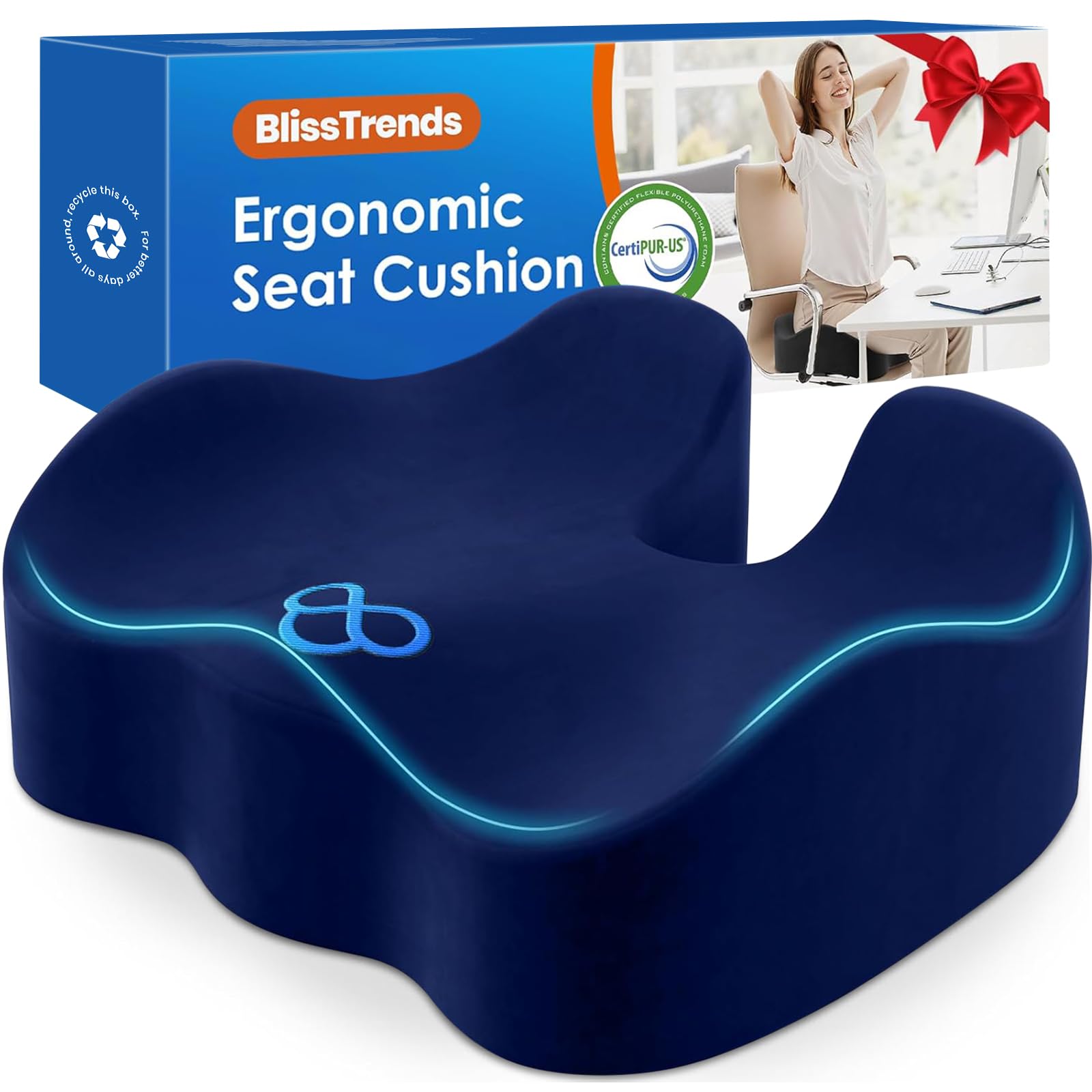 BlissTrends Extra Thick Seat Cushion for Office Chair & Car Seat, Blue | Tailbone & Sciatica Relief, Ergonomic Support, High-Density Memory Foam, Comfort for Extended Sitting Blue XXLarge