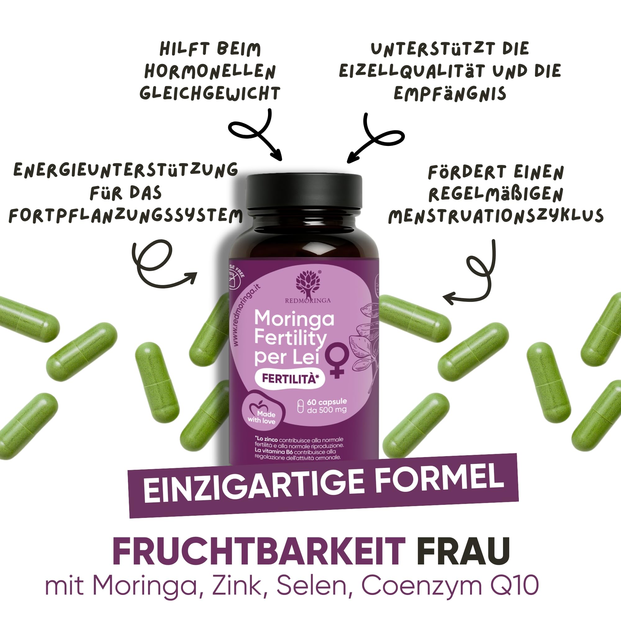Red Moringa Kinderwunsch & Schwangerschaft Komplex - Moringa Kapseln mit Zink, Vitamin B12 & B6, Folsäure Kinderwunsch - Fördert weibliche Fruchtbarkeit, Hormonunterstützung & Zyklus - 180 Kapseln