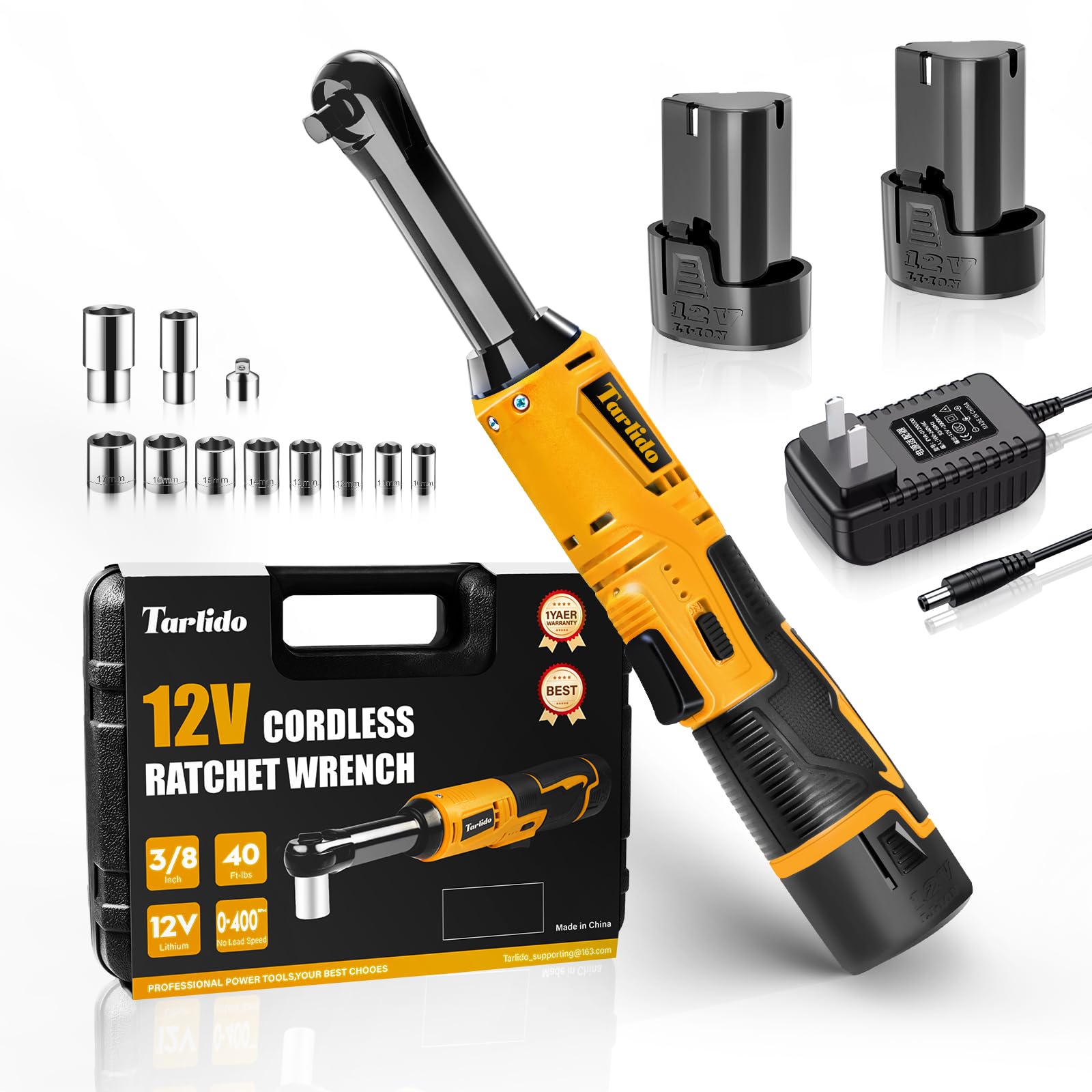 Tarlido Cordless Electric Ratchet Wrench, 3/8" 12V Battery Powered Ratchet Tool Kit, 4" Extended 40 Ft-Lbs 400 RPM Ratchet Wrench Set with LED Light, 2 Batteries, 11 Sockets and Fast Charger-Yellow