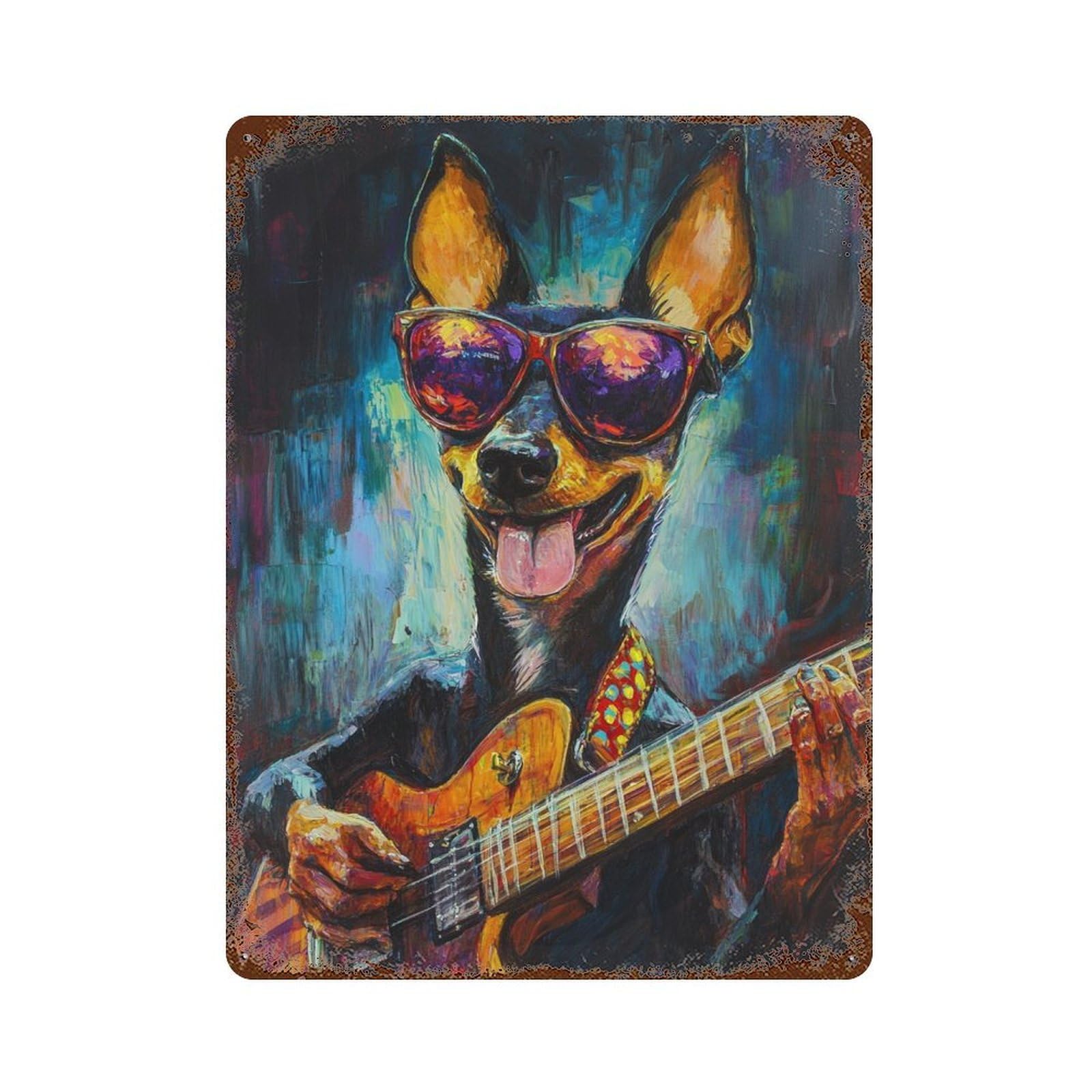 Rockin' Dog with Guitar Distressed Metal Wall Sign 15.7"x11.8", for Garage, Bar And Workshop Decor, Decorative Metal Wall Art